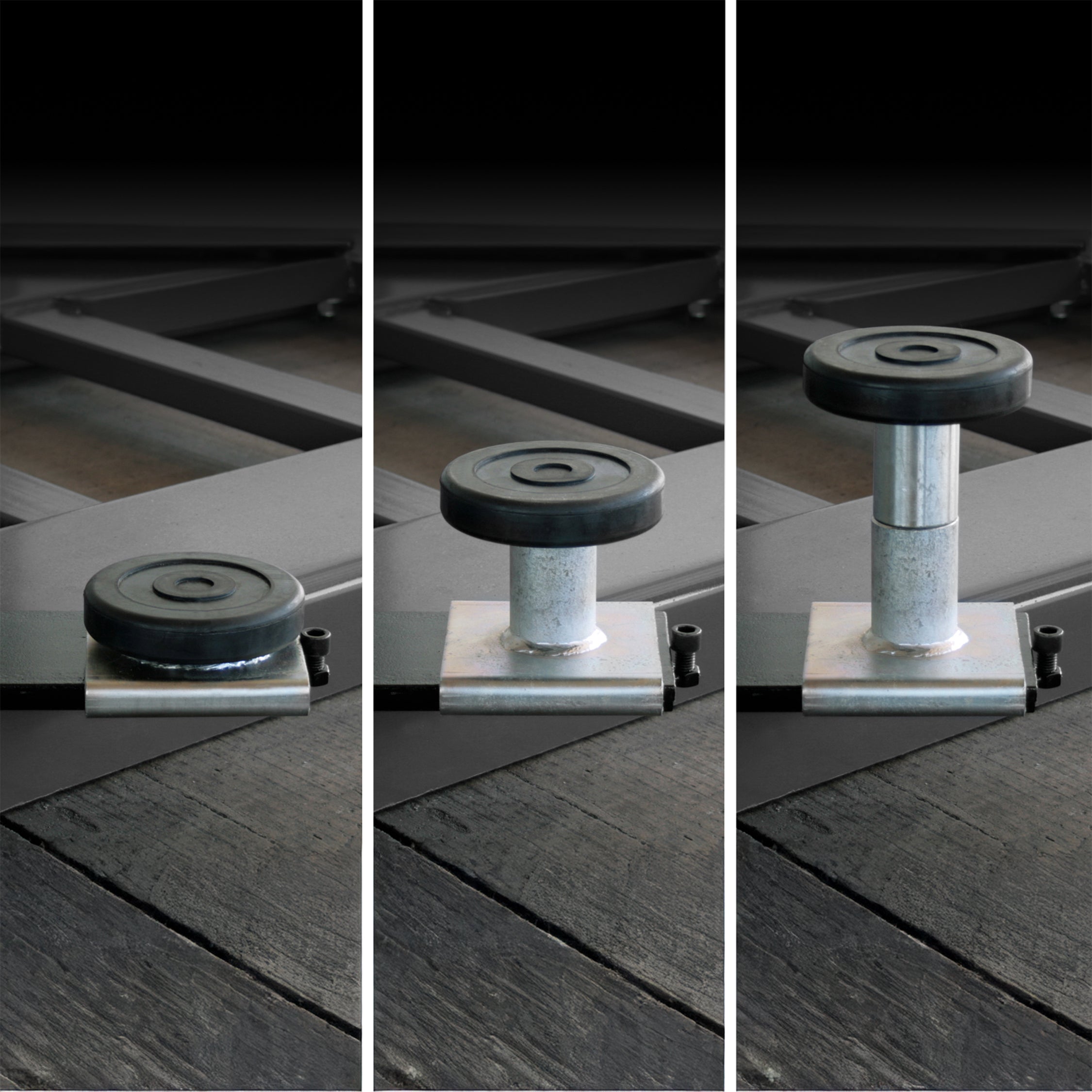 BendPak MD-6XP lift pad adapters shown in multiple height configurations for vehicle lifting points.