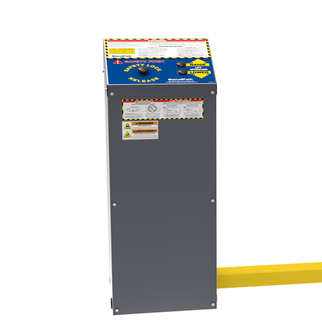 BendPak MDS-6LP power unit housing with lift controls, safety lock release button and operating instructions.