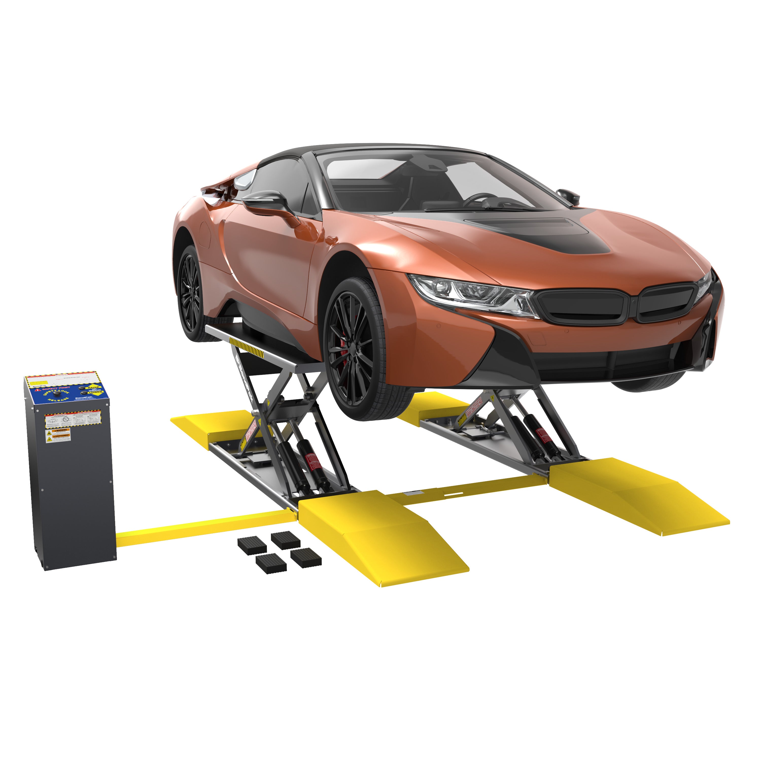 Sports car raised on a BendPak MDS-6LP frame-engaging mid-rise scissor lift with drive-on ramps, lifting blocks and control console.