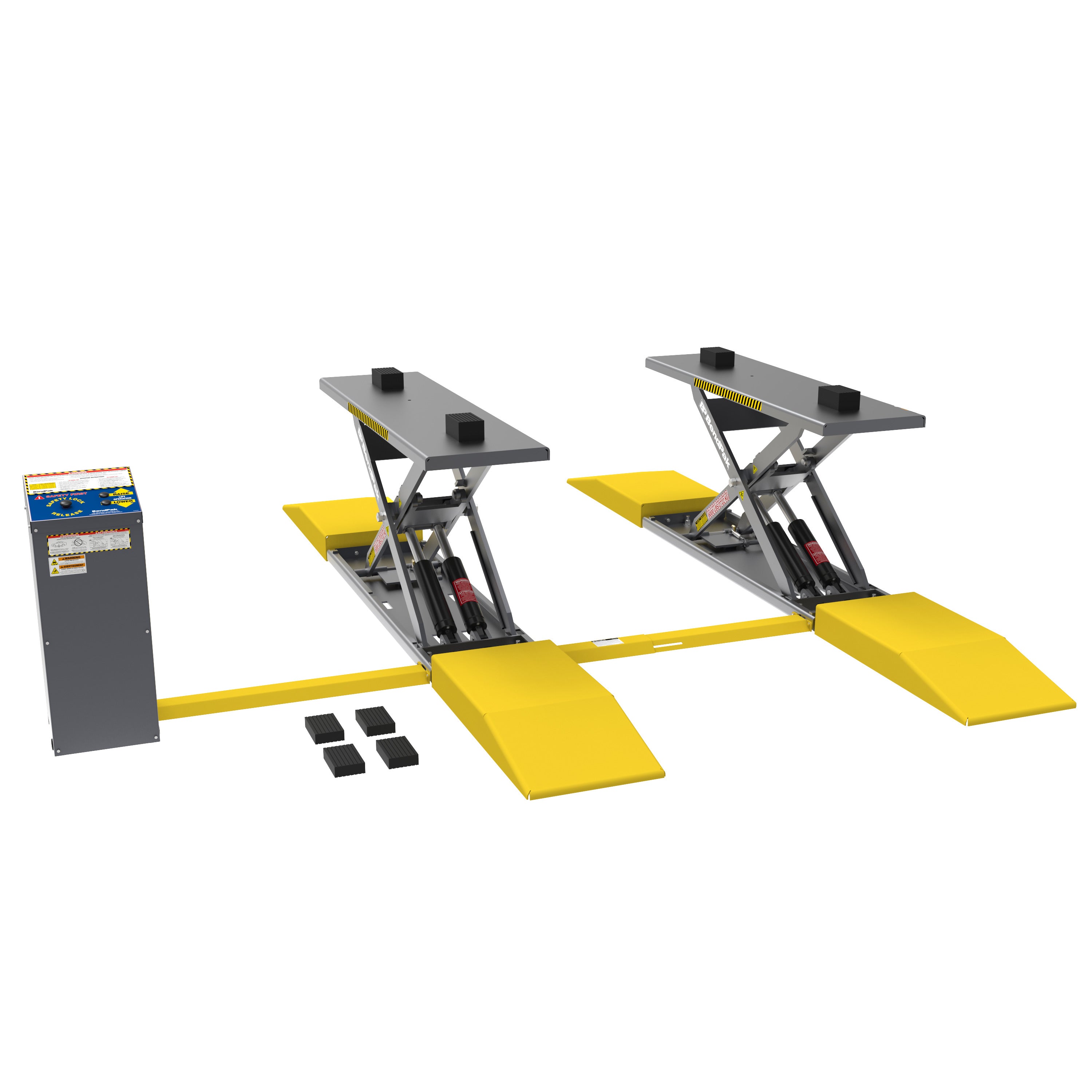 BendPak MDS-6LP open-center mid-rise scissor lift with drive-on ramps, control console, lifting blocks, 6,000-lb. capacity and long frame for more OEM lifting points.