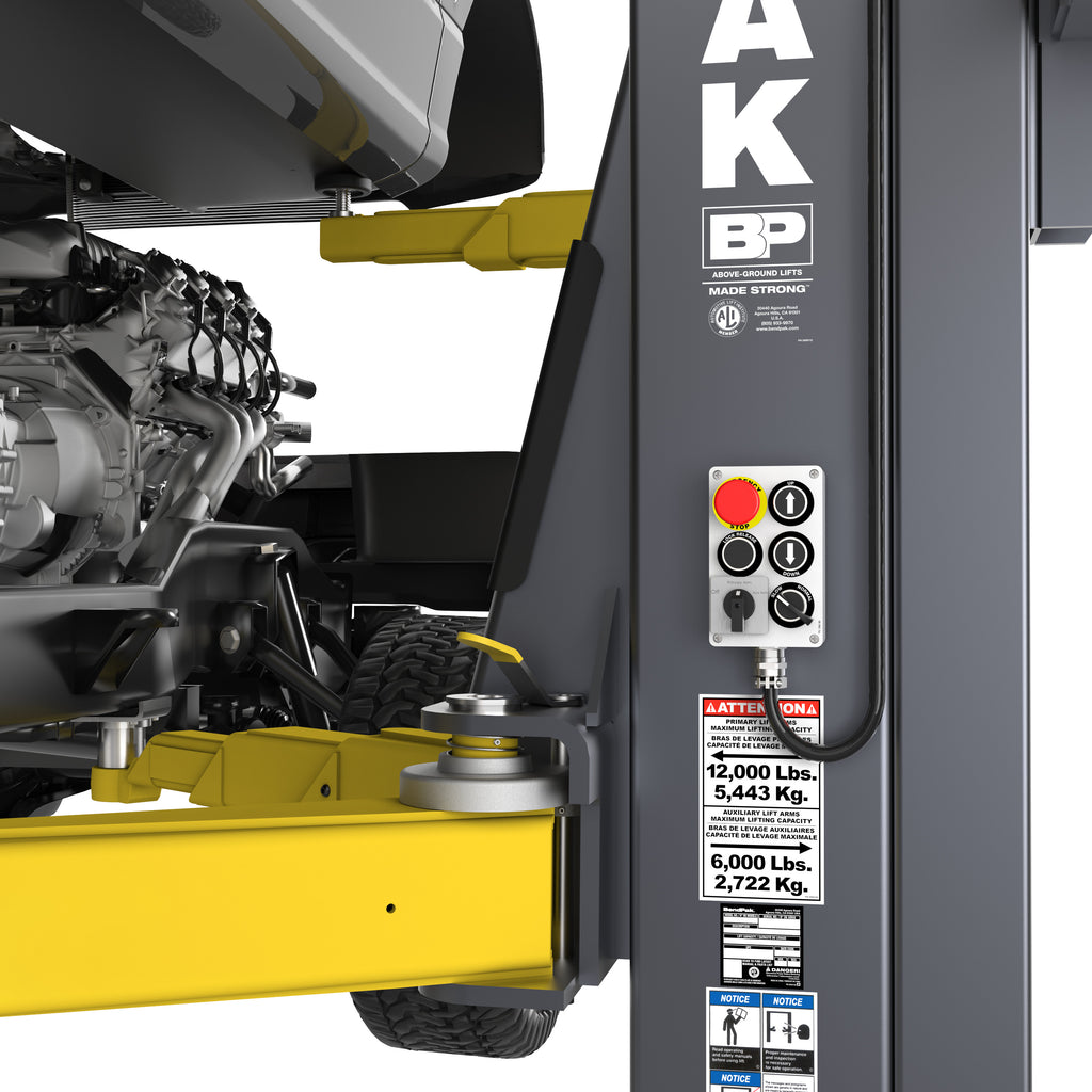 Pendant control panel and automatic swing-arm restraint system on a BendPak OctaFlex eight-arm two-post lift.