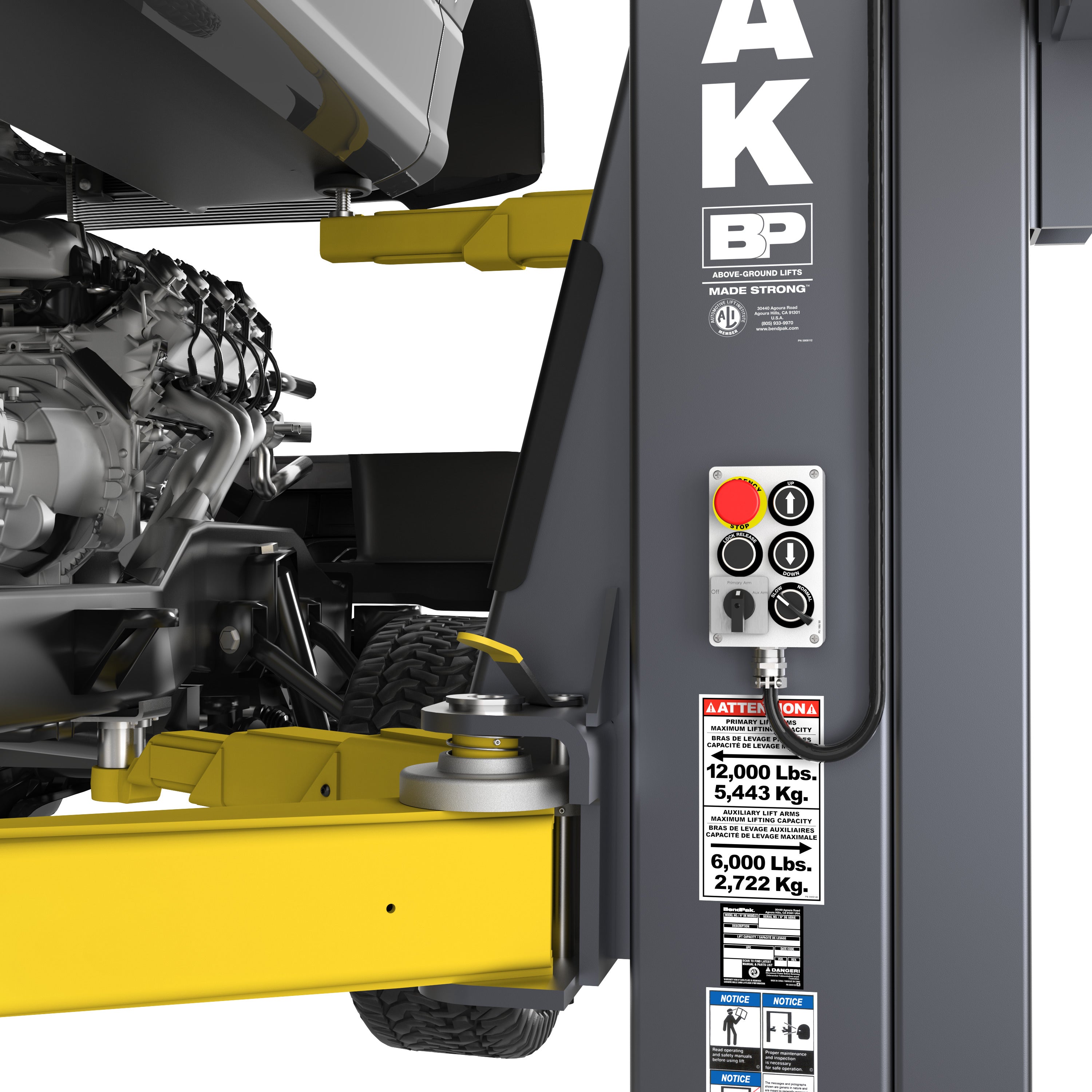Pendant control panel and automatic swing-arm restraint system on a BendPak OctaFlex eight-arm two-post lift.
