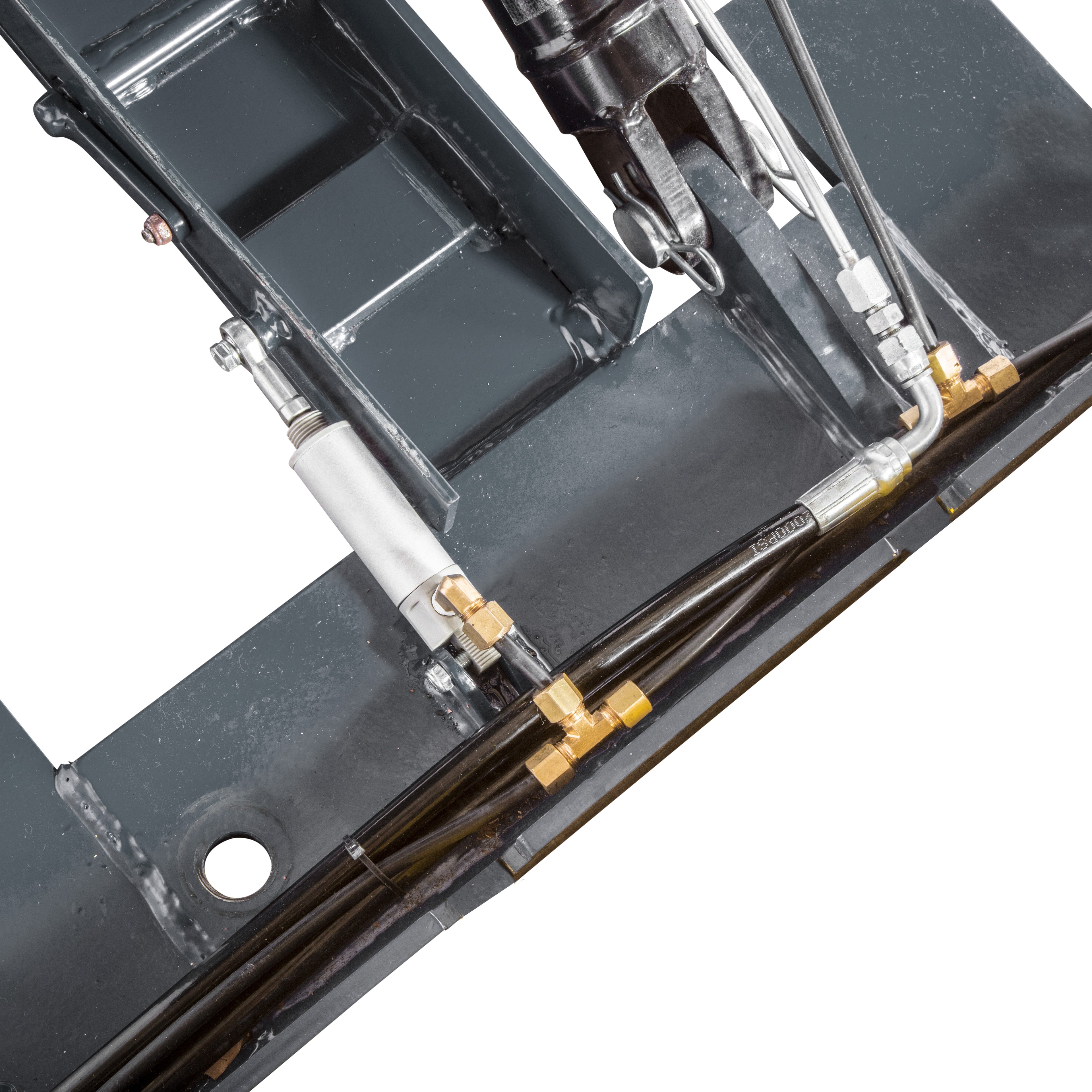 Hydraulic cylinders and mechanical safety locks beneath the platforms of a BendPak P-9000LTF flush-mount scissor lift.