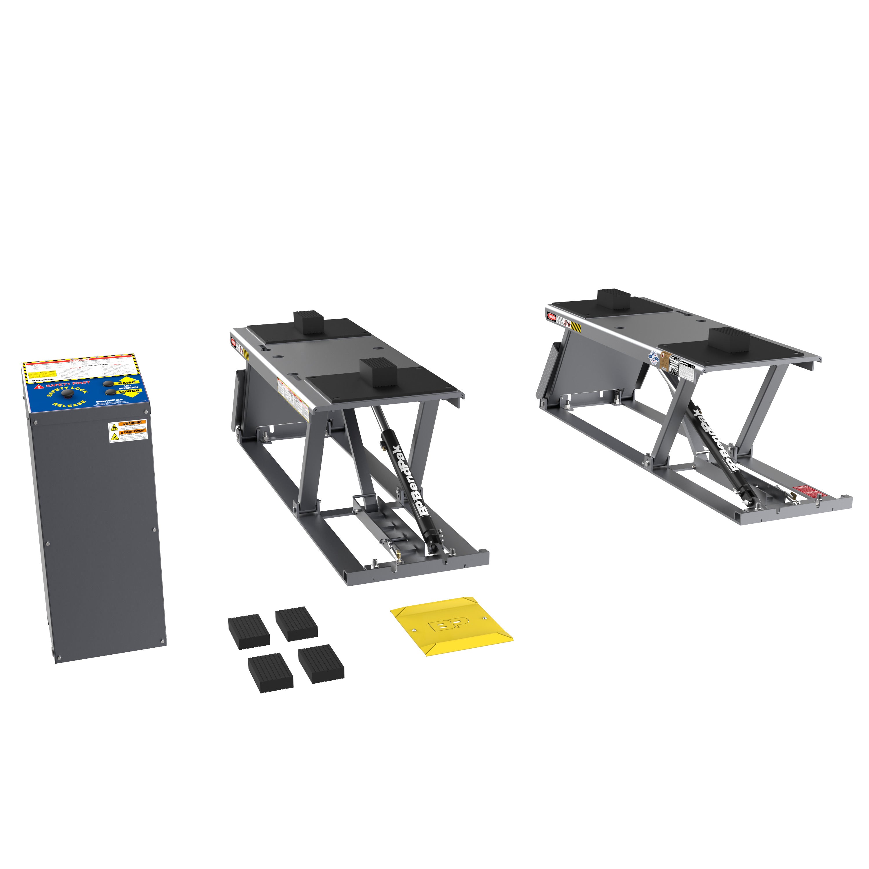 BendPak P-9000LTF flush-mount scissor lift with dual lifting platforms, control console, rubber blocks and tire spotting dish and 9,000-lb. capacity.