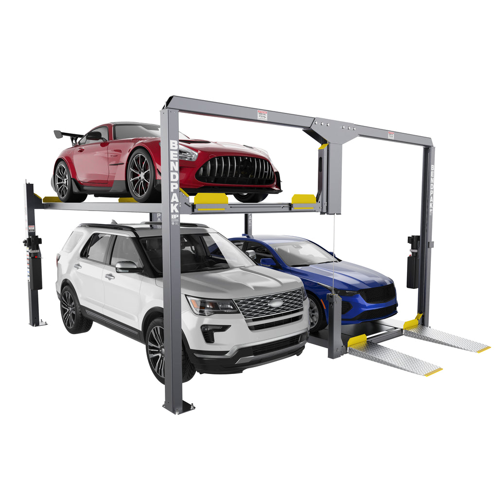 BendPak PL-12000KDT dual-platform parking lift for commercial and residential garages.