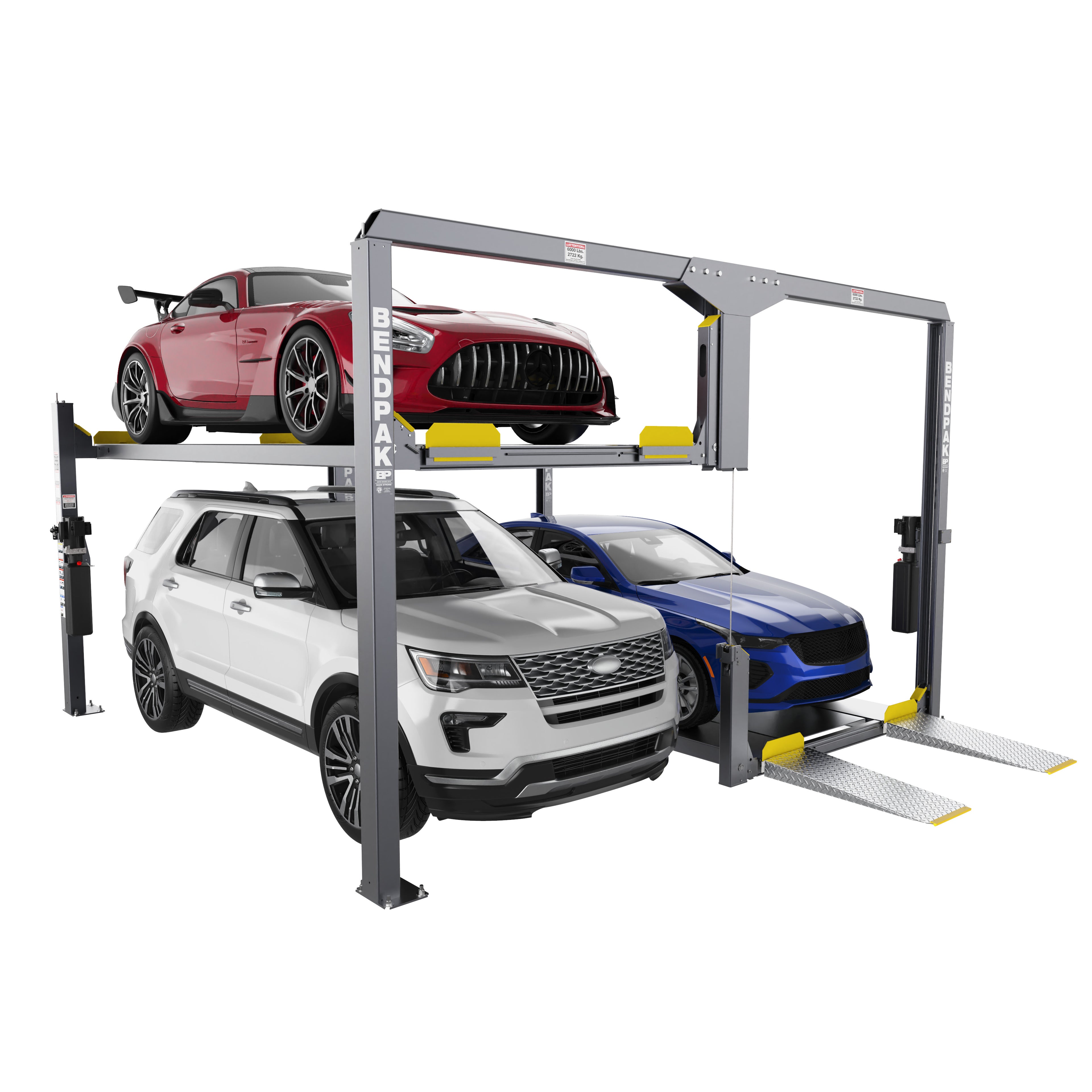 BendPak PL-12000KDT dual-platform parking lift for commercial and residential garages.