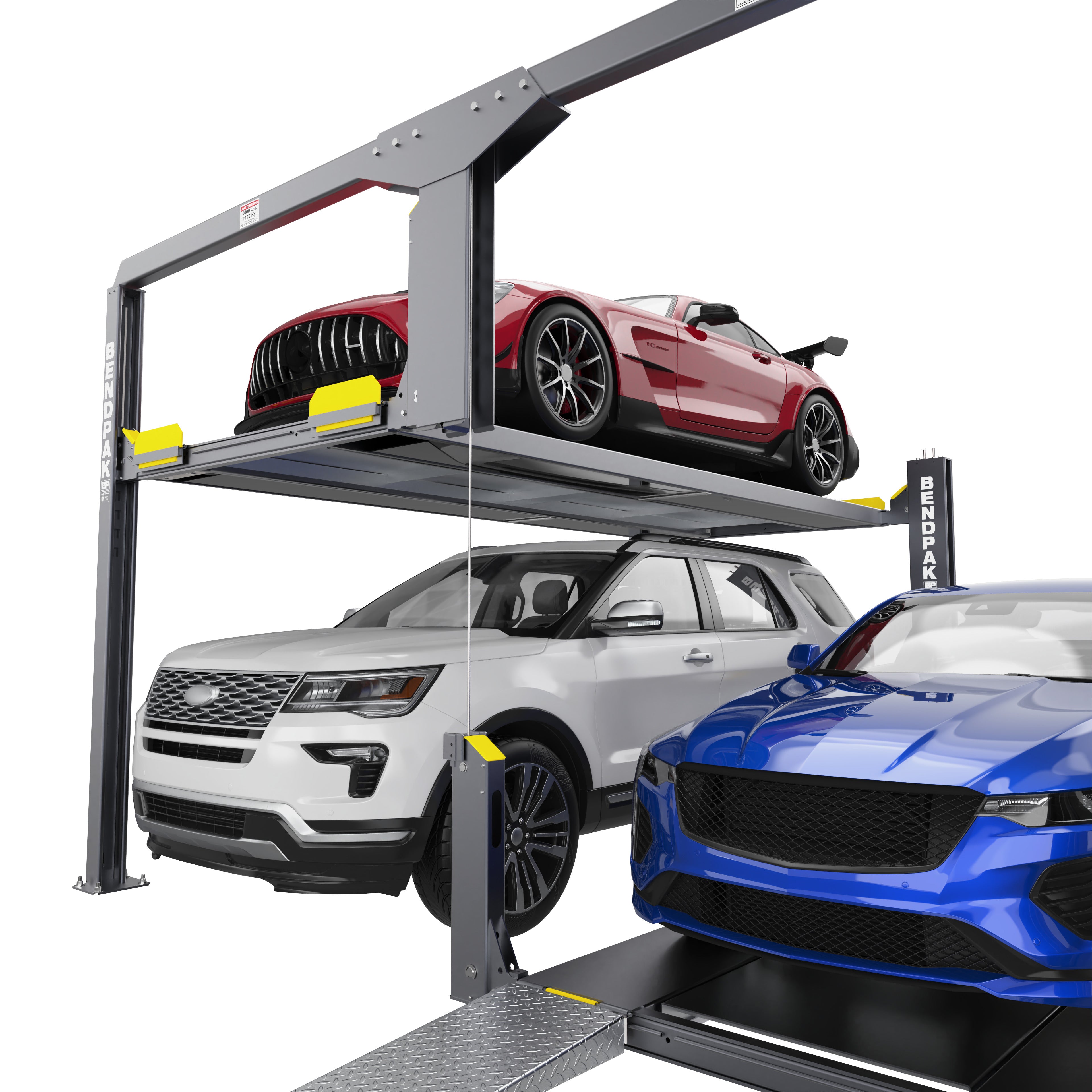 BendPak PL-12000KDT parking lift detail showing heavy-duty tandem platform construction.