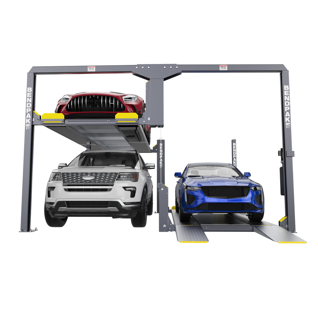 BendPak PL-12000KDT narrow tandem parking lift for high-density car storage.