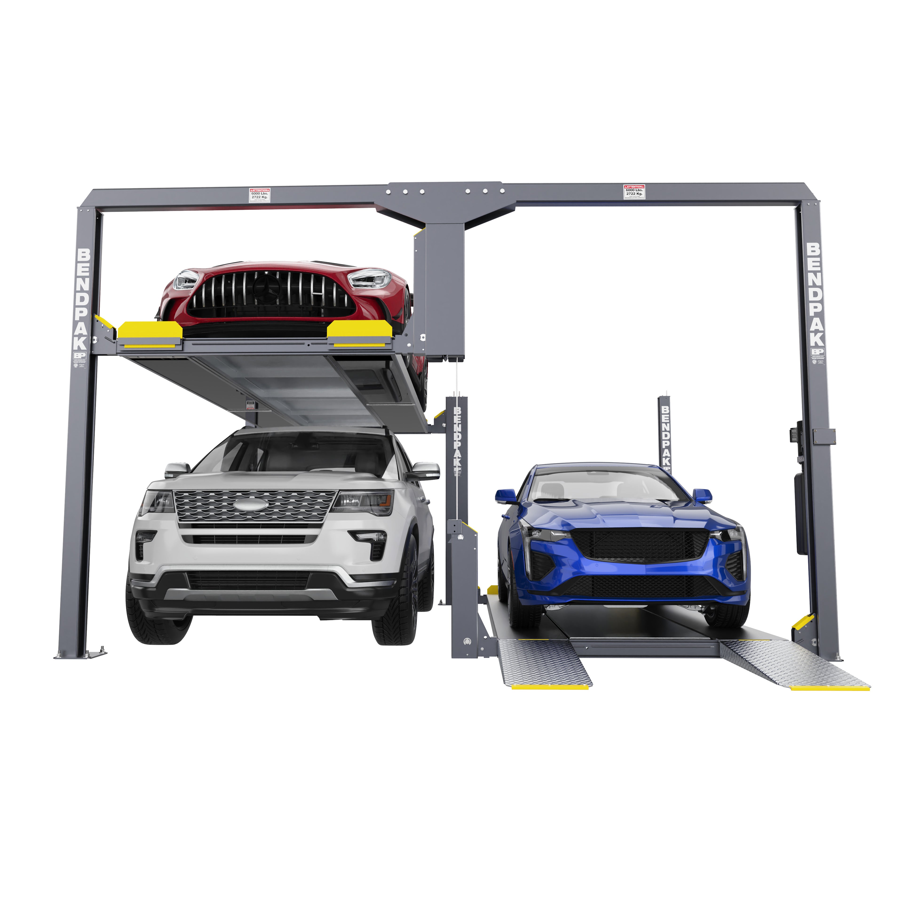 BendPak PL-12000KDT narrow tandem parking lift for high-density car storage.
