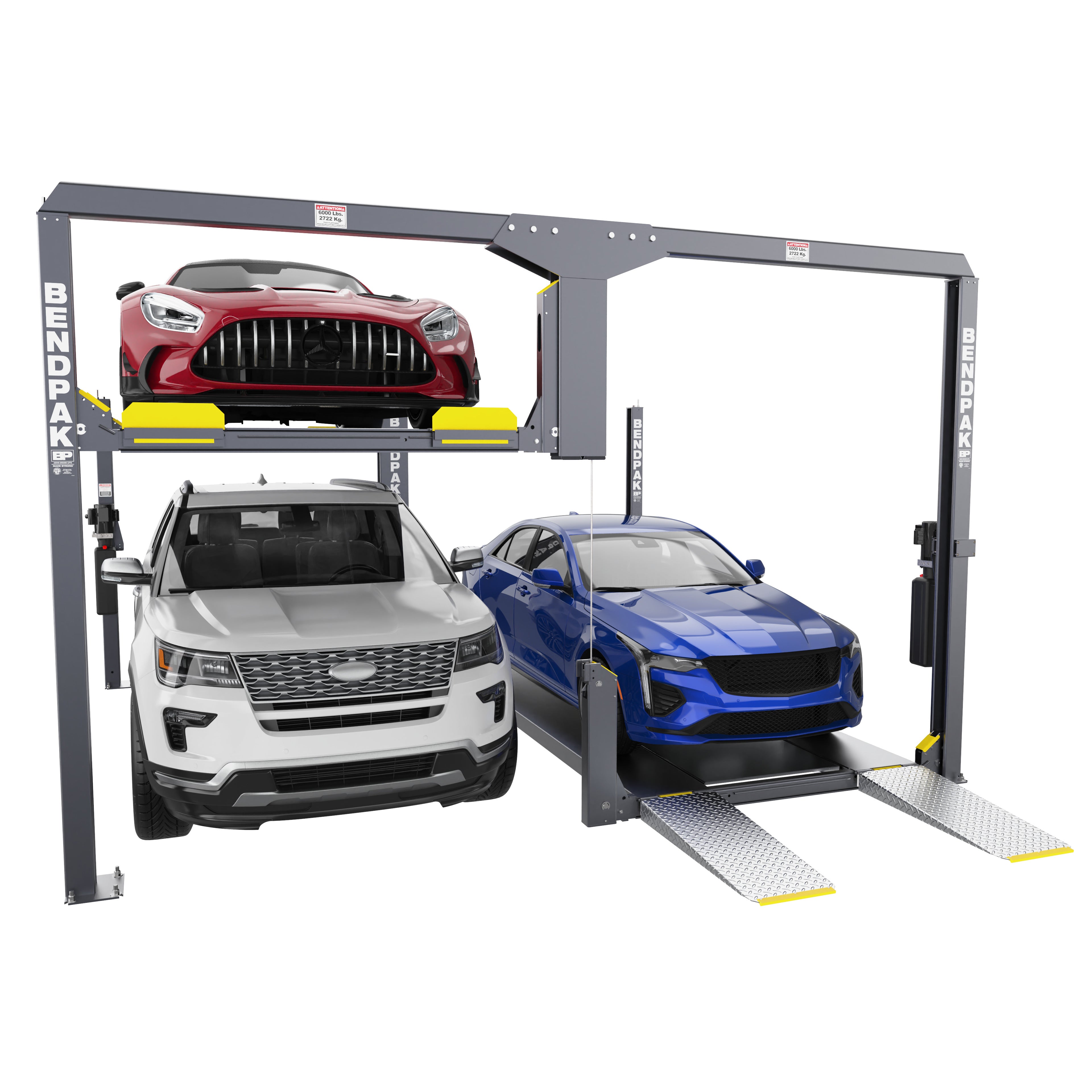 BendPak PL-12000KDT tandem lift with long platforms for luxury car storage.