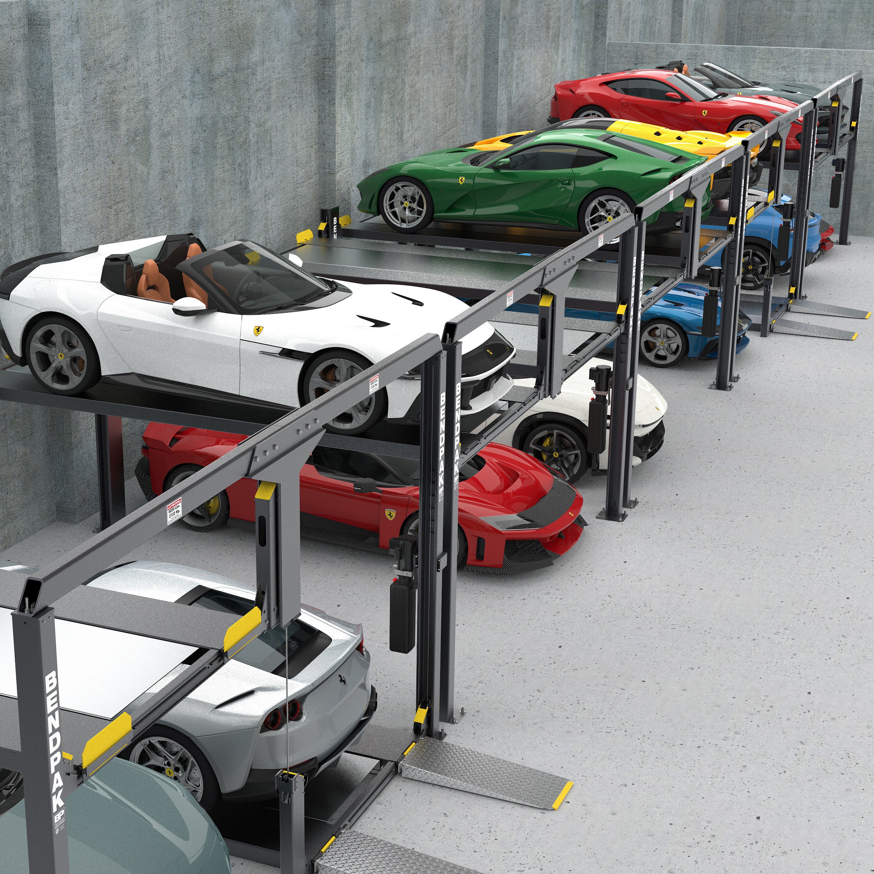 BendPak PL-12000KDT tandem parking lift used for luxury car storage.