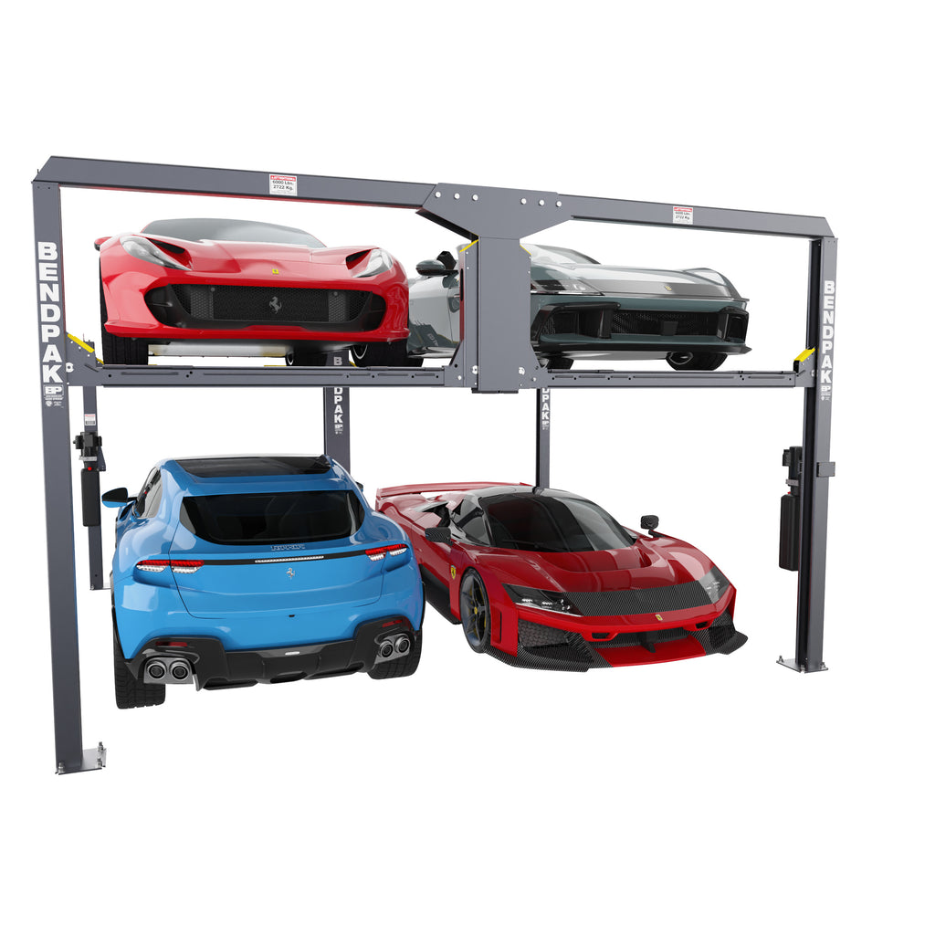 BendPak PL-12000KDT tandem parking lift with narrow platforms for long vehicle storage.