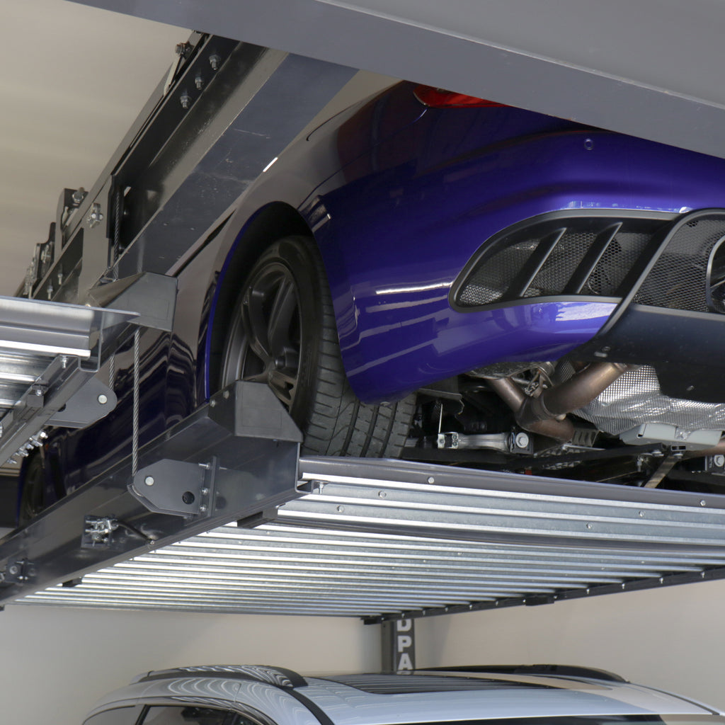 BendPak PL-6KT parking lift with triple independent platforms for storing six vehicles.