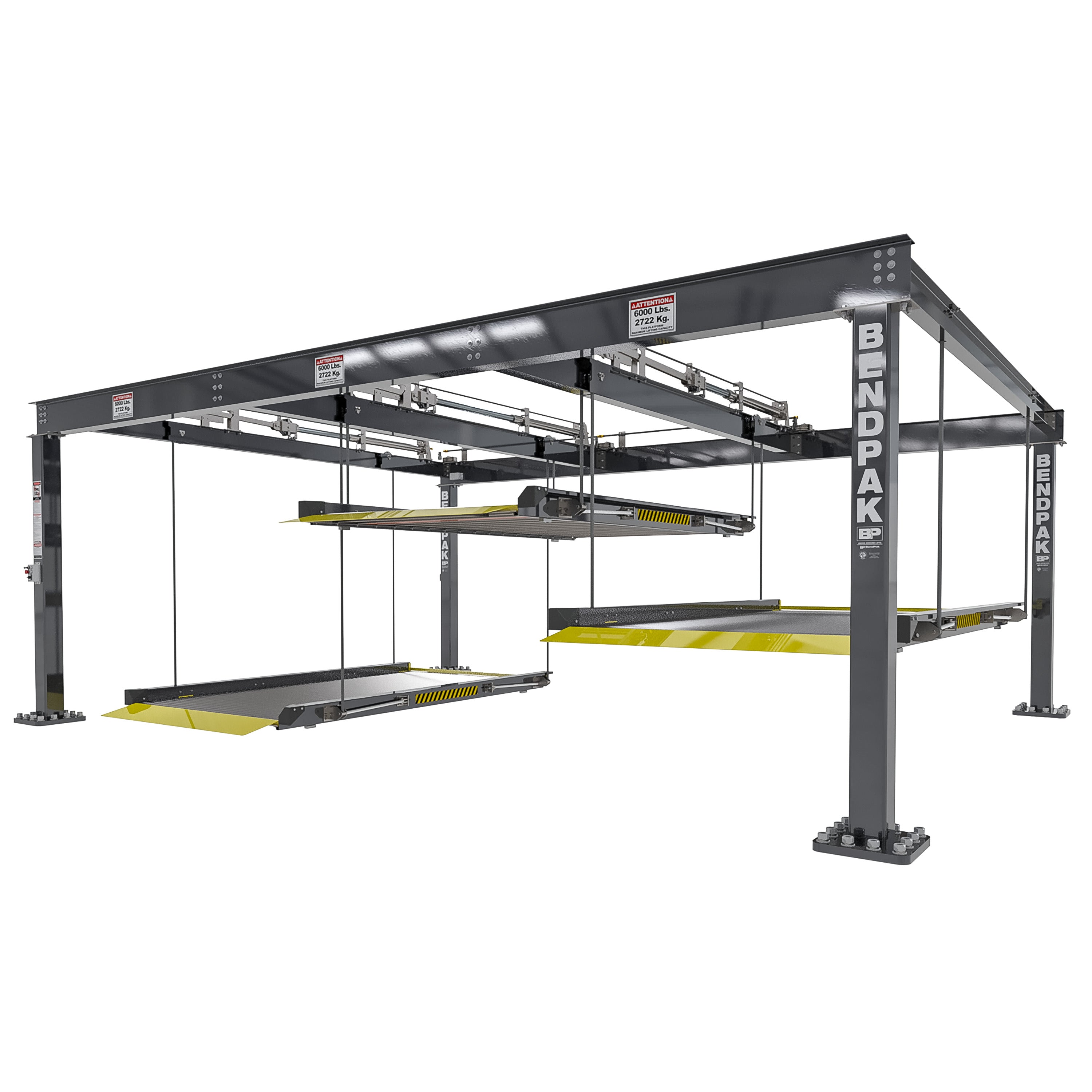 BendPak PL-6KT triple parking lift with independent platforms and 18,000-lb total capacity.