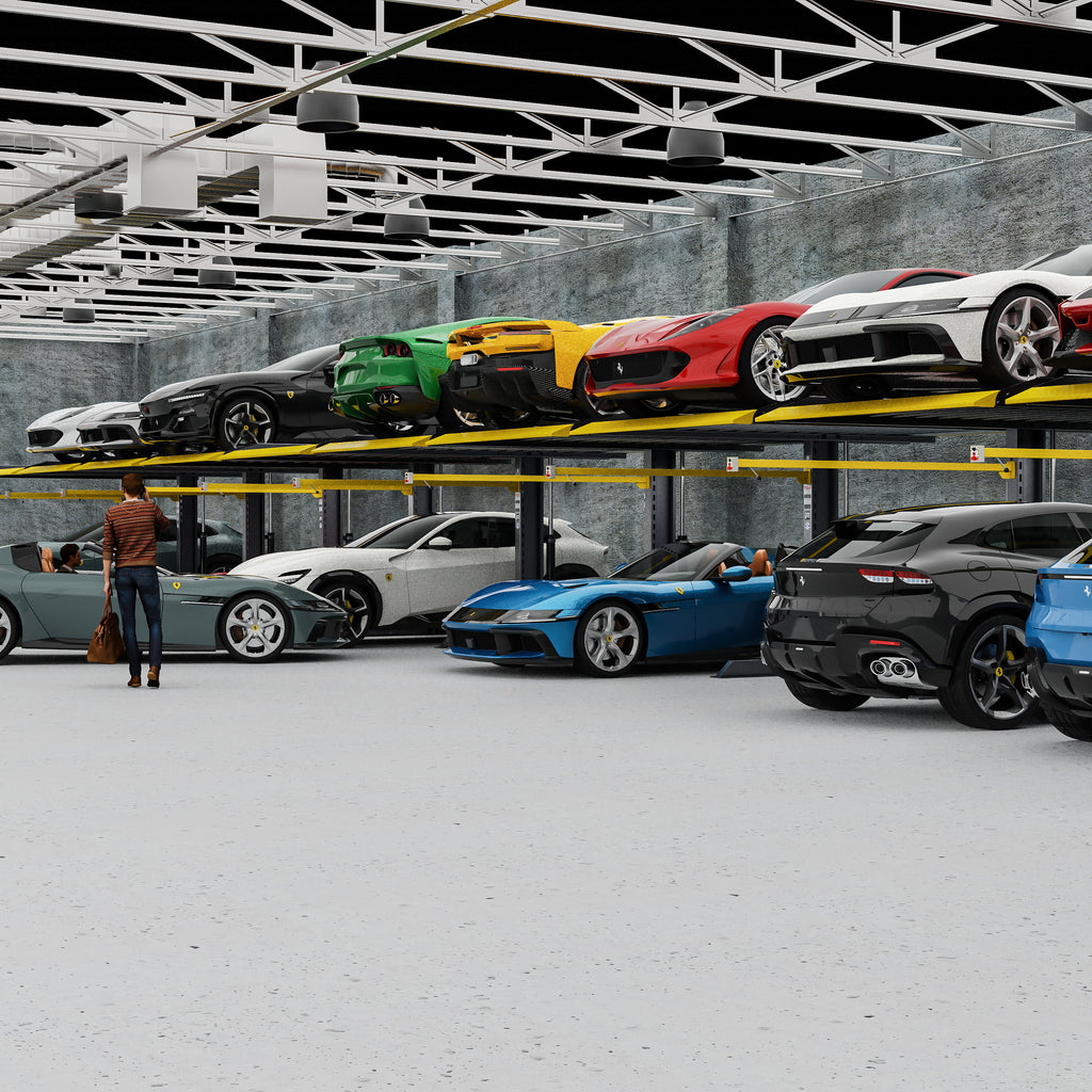 BendPak PL6000DCX two-post parking lift storing a luxury sports car collection.