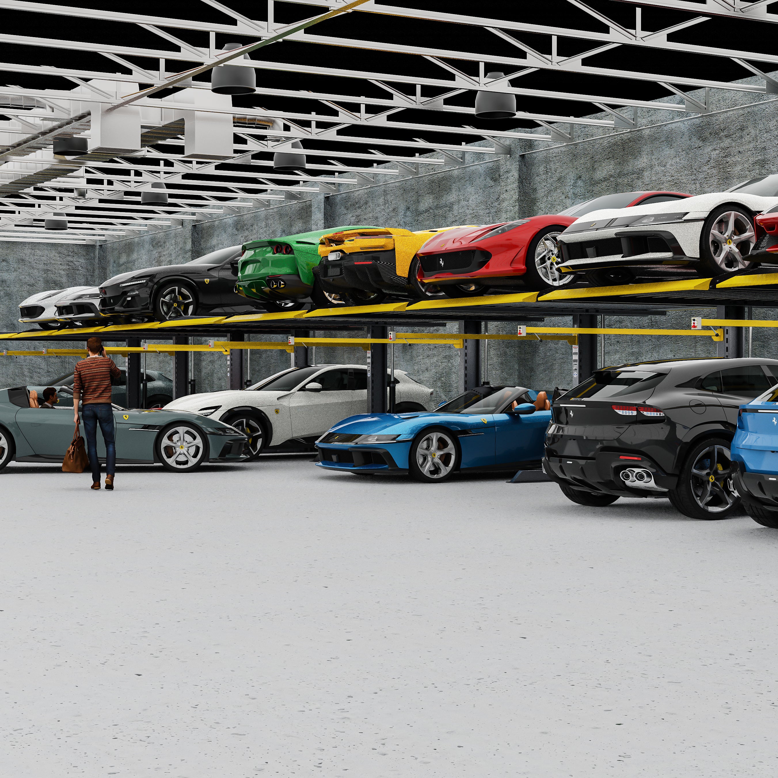 BendPak PL6000DCX two-post parking lift storing a luxury sports car collection.