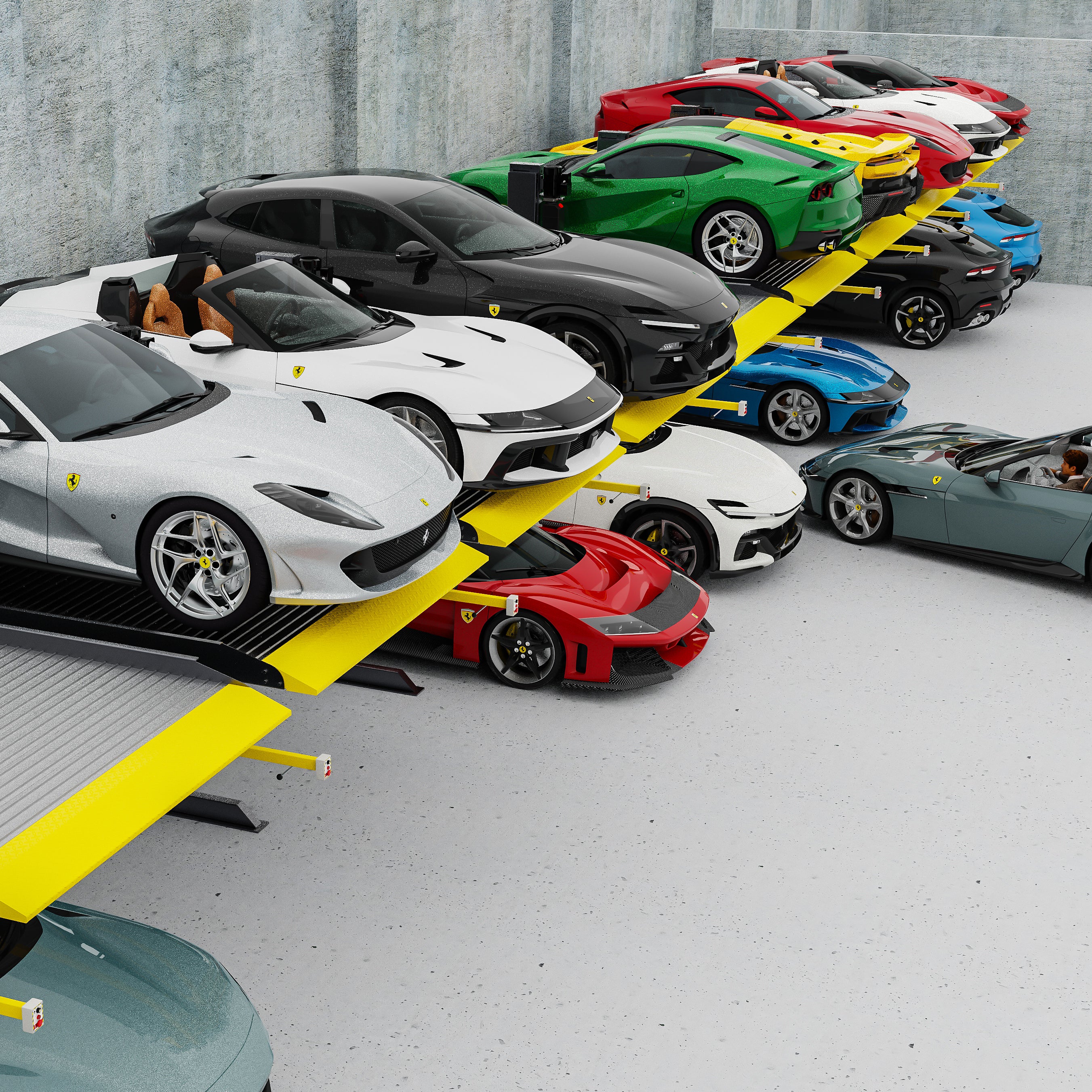 BendPak PL6000DCX 6,000-lb capacity parking lift for luxury car storage.