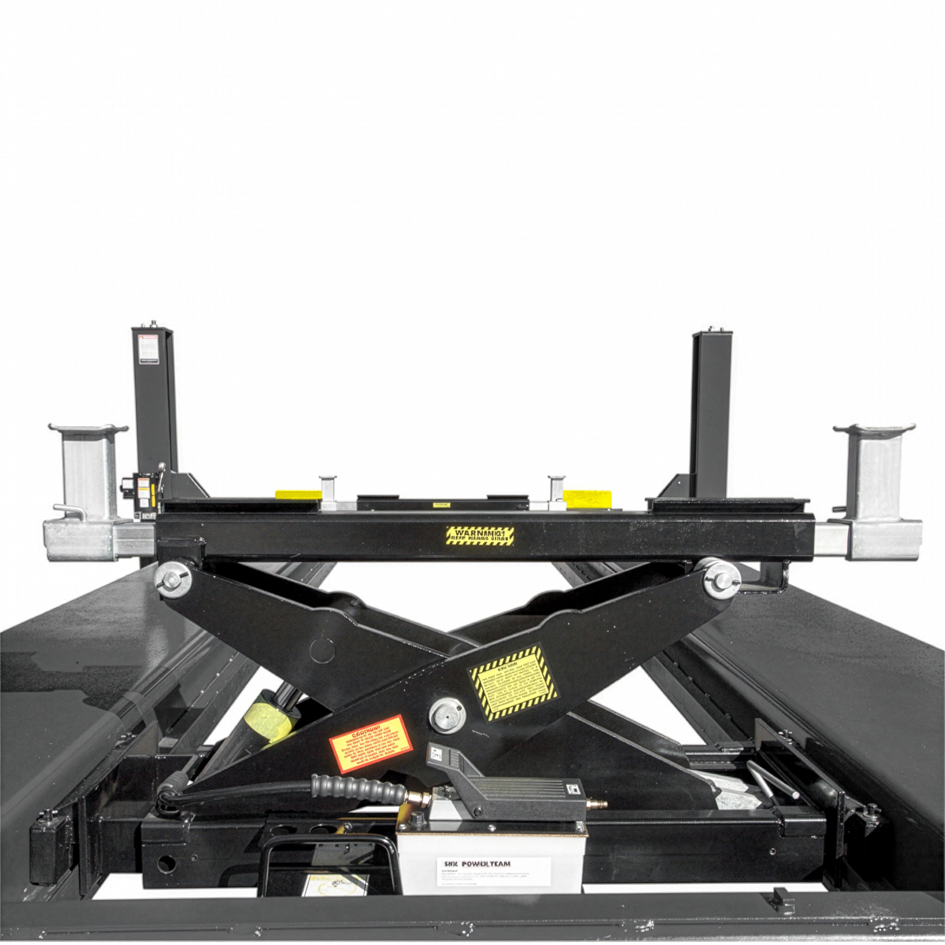 BendPak RBJ15000 rolling bridge jack mounted on a four-post lift for commercial service.