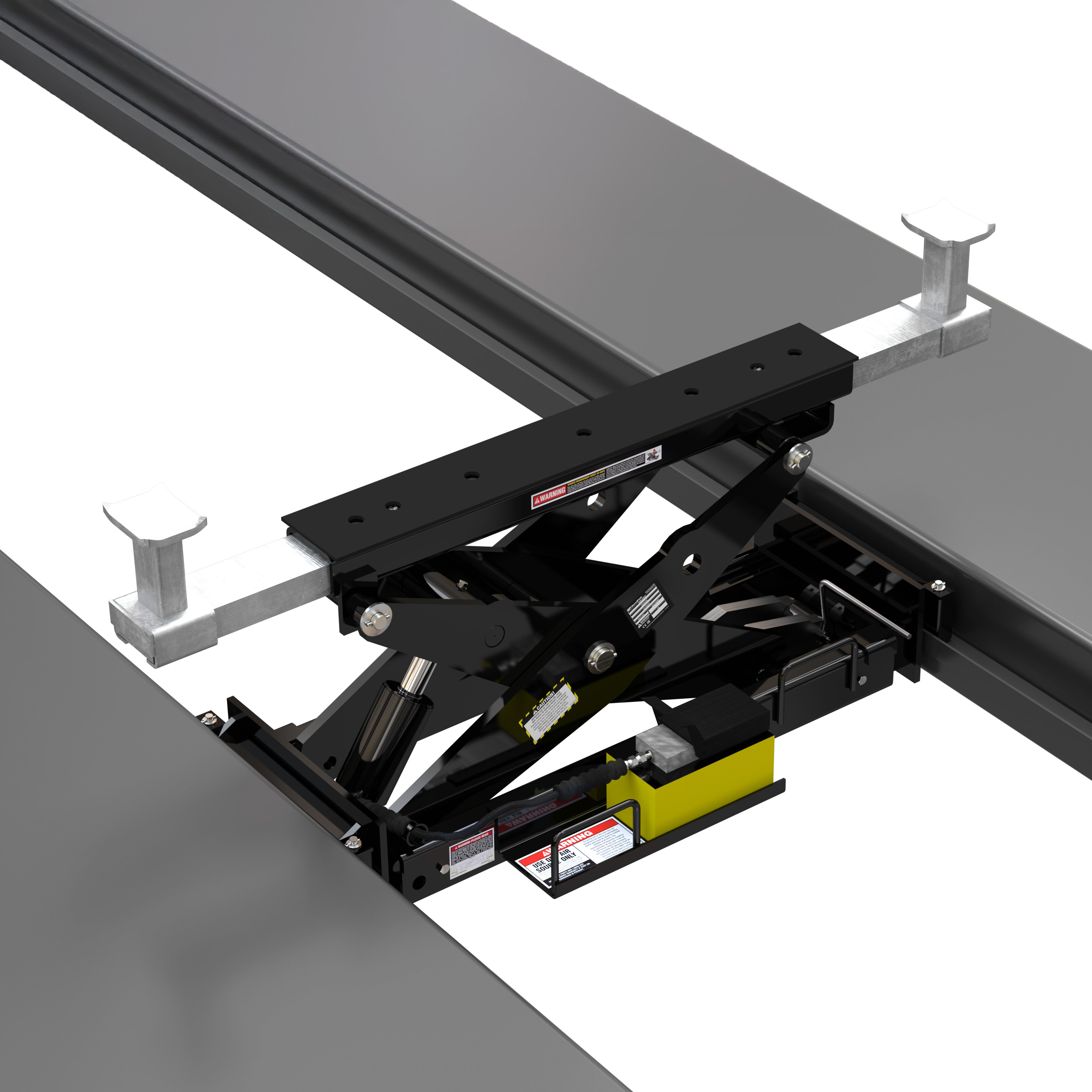 BendPak RBJ15000 rolling bridge jack mounted on four-post lift rails for wheel-free service.