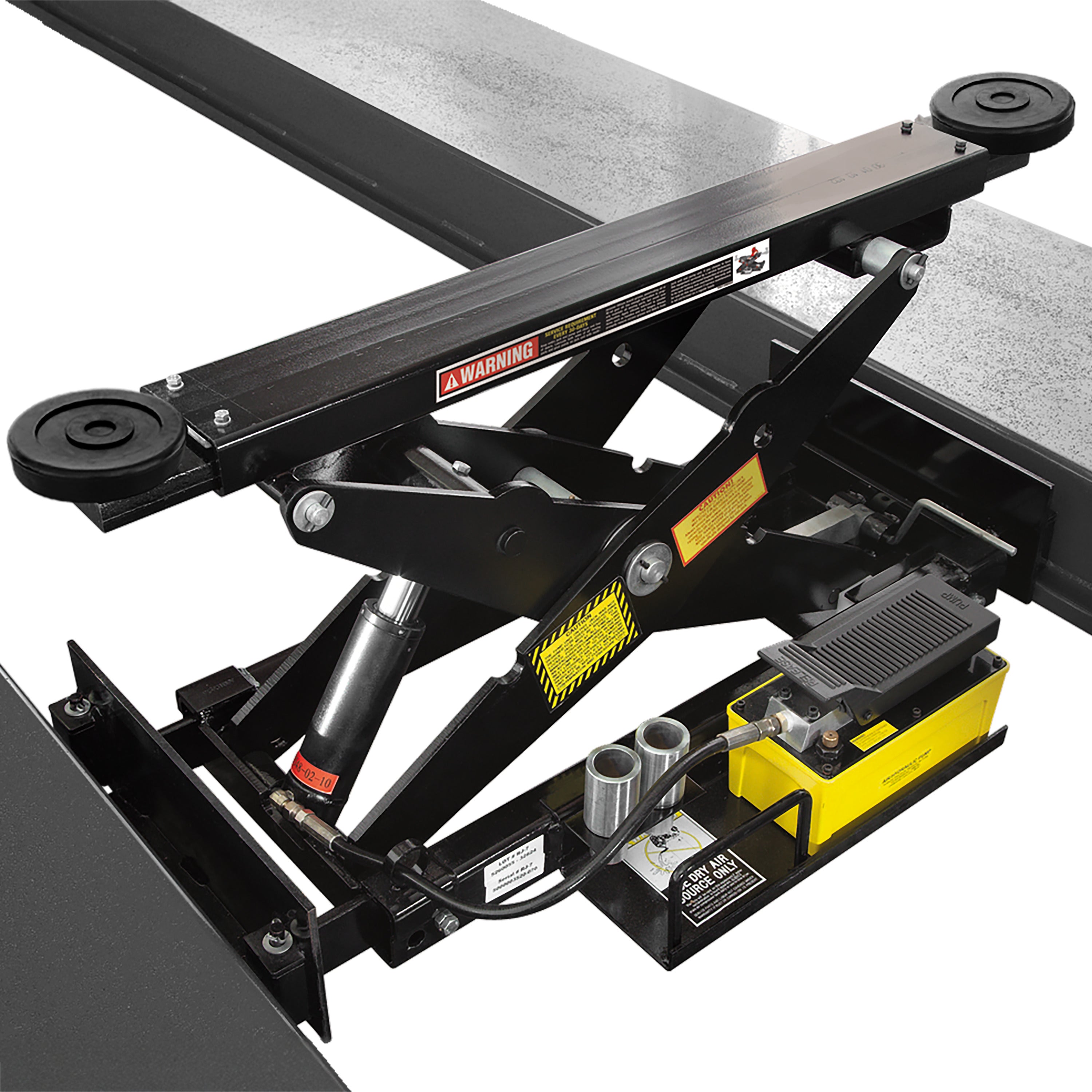 BendPak RJ45W 4,500-lb. rolling bridge jack mounted on a four-post lift.