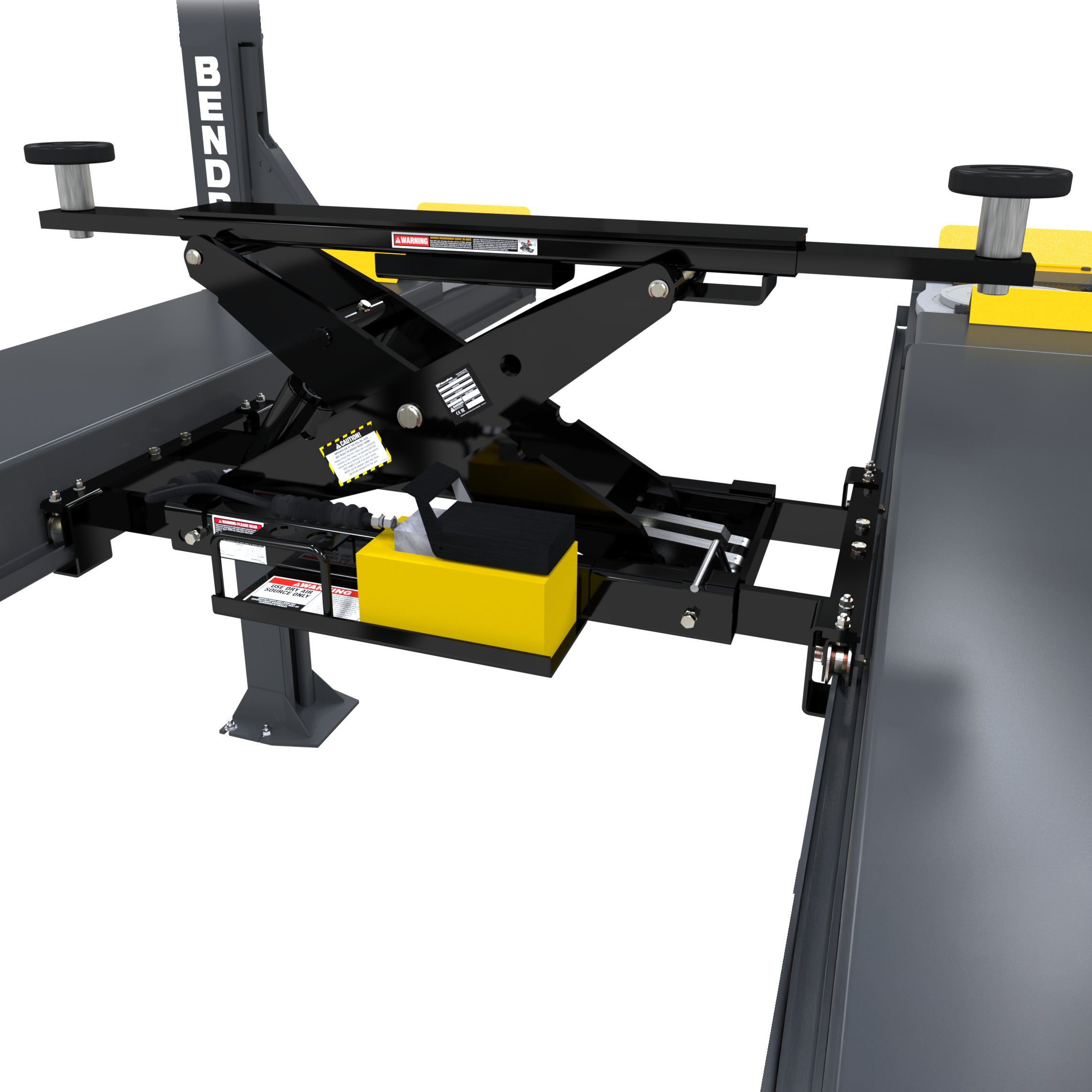 BendPak RJ45W easy-roll bridge jack mounted on a four-post lift with 4,500-lb. capacity.