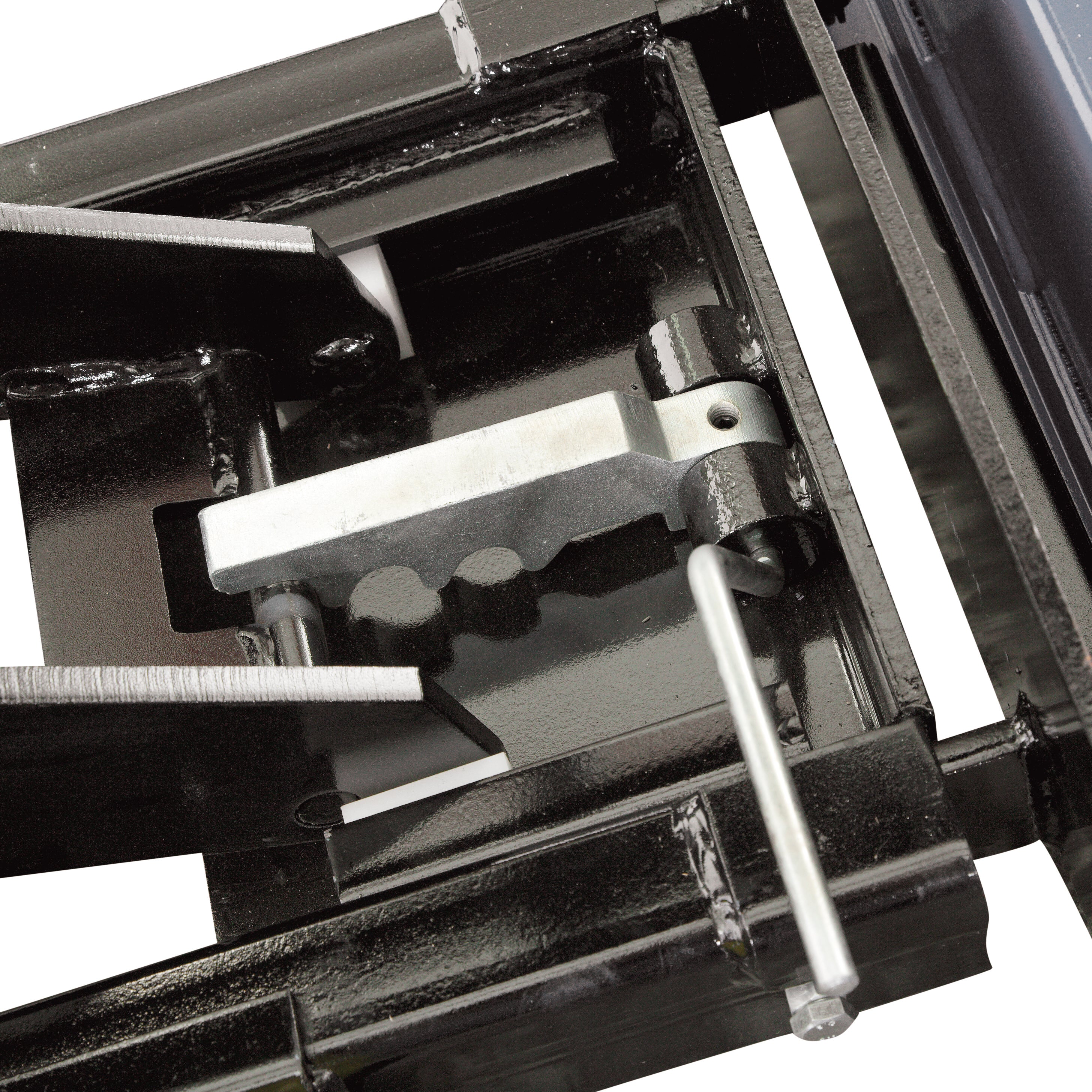 Mechanical lock detail on the BendPak RJ7W rolling bridge jack for secure wheel-free service.