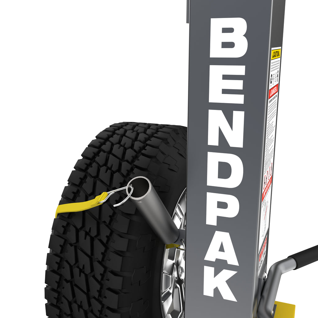 Safety tie-down feature on the BendPak RWS-200WL portable electric wheel lift.