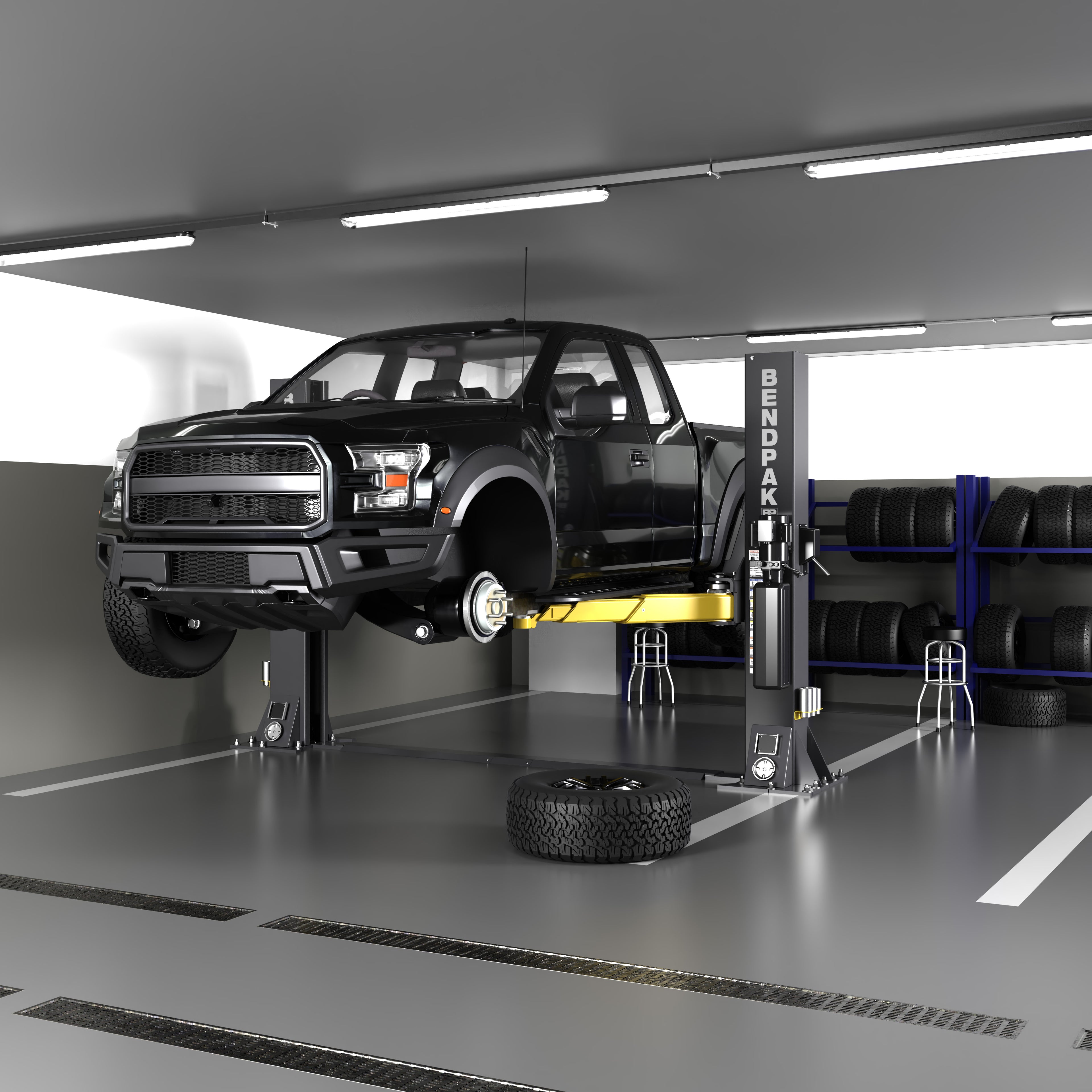 BendPak 12AP-SRT open-top two-post lift for mechanic shop service work.