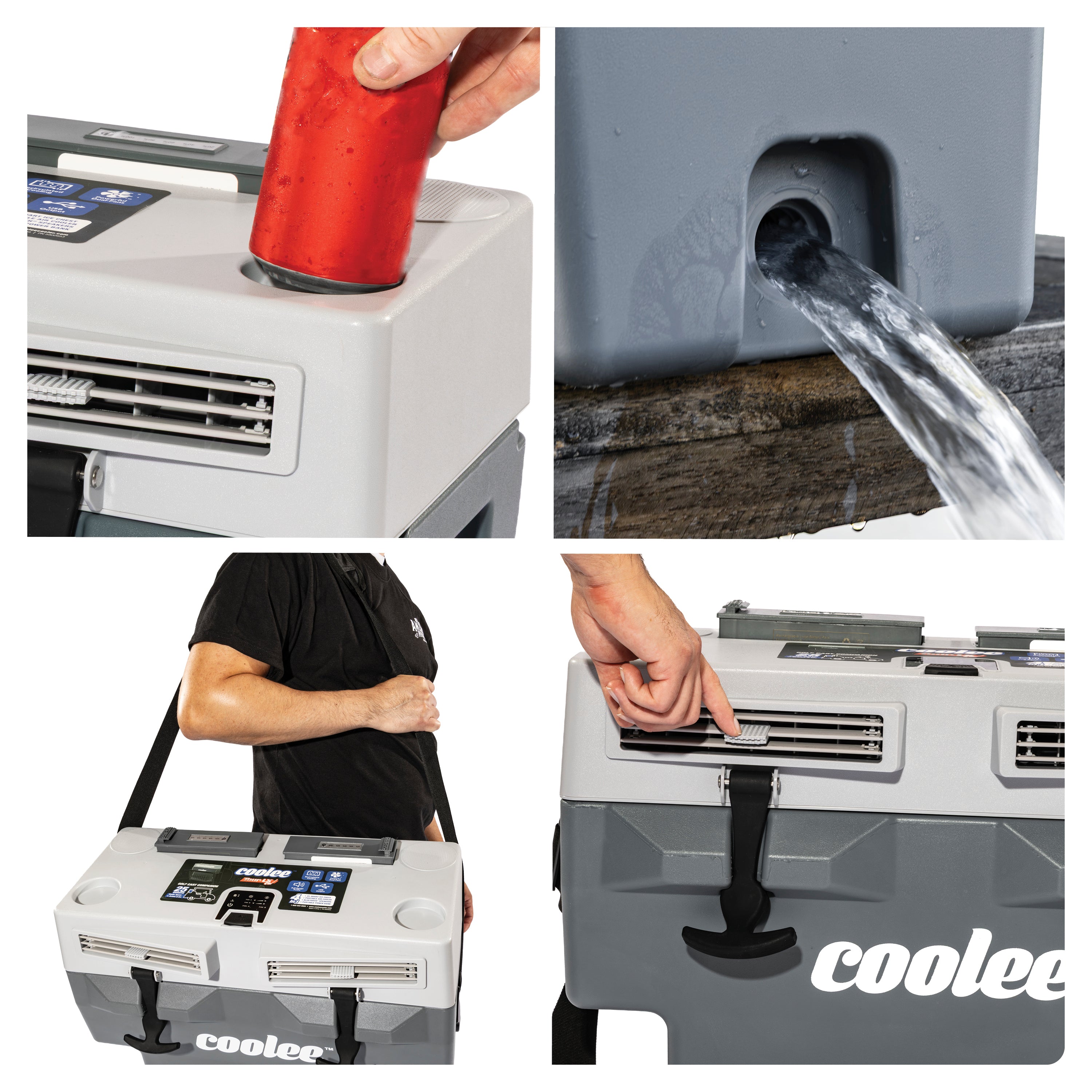 Additional feature callouts for the Cool Boss COOLEE TOUR LX portable air cooler.