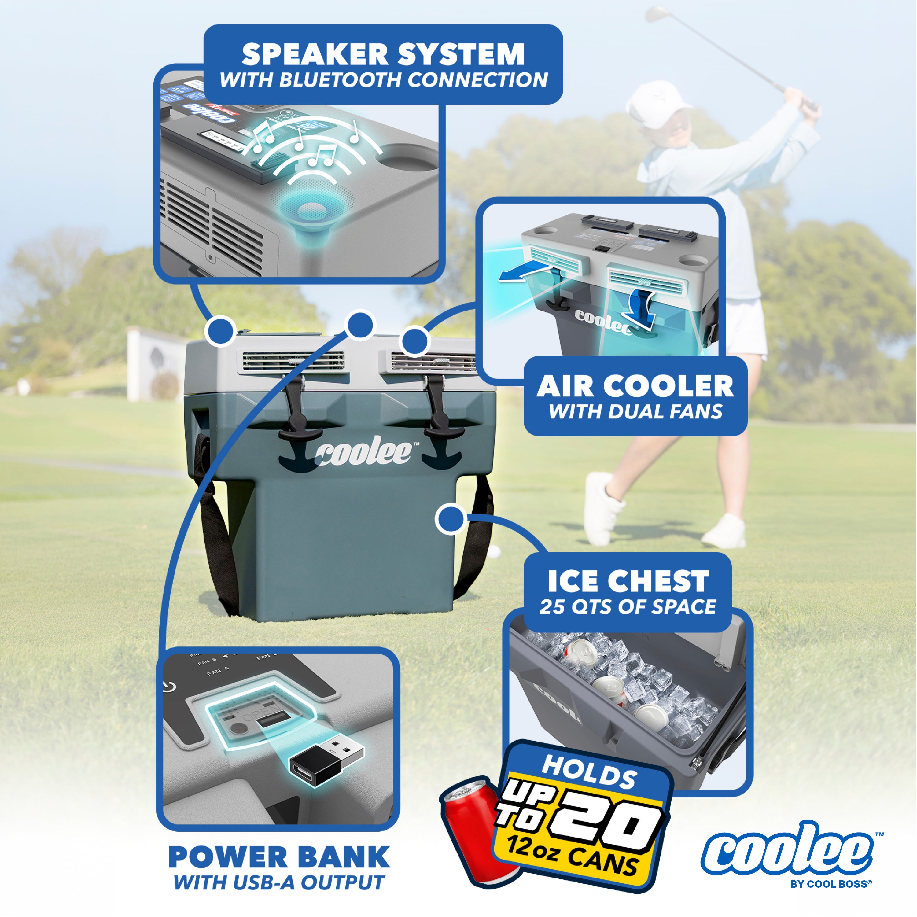 Main feature overview of the Cool Boss COOLEE TOUR LX portable air cooler for golf carts.