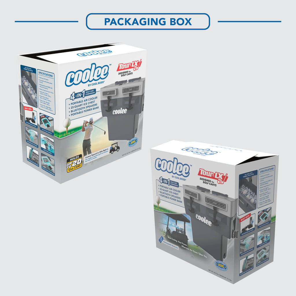 Cool Boss COOLEE TOUR LX portable air cooler retail packaging box displayed.