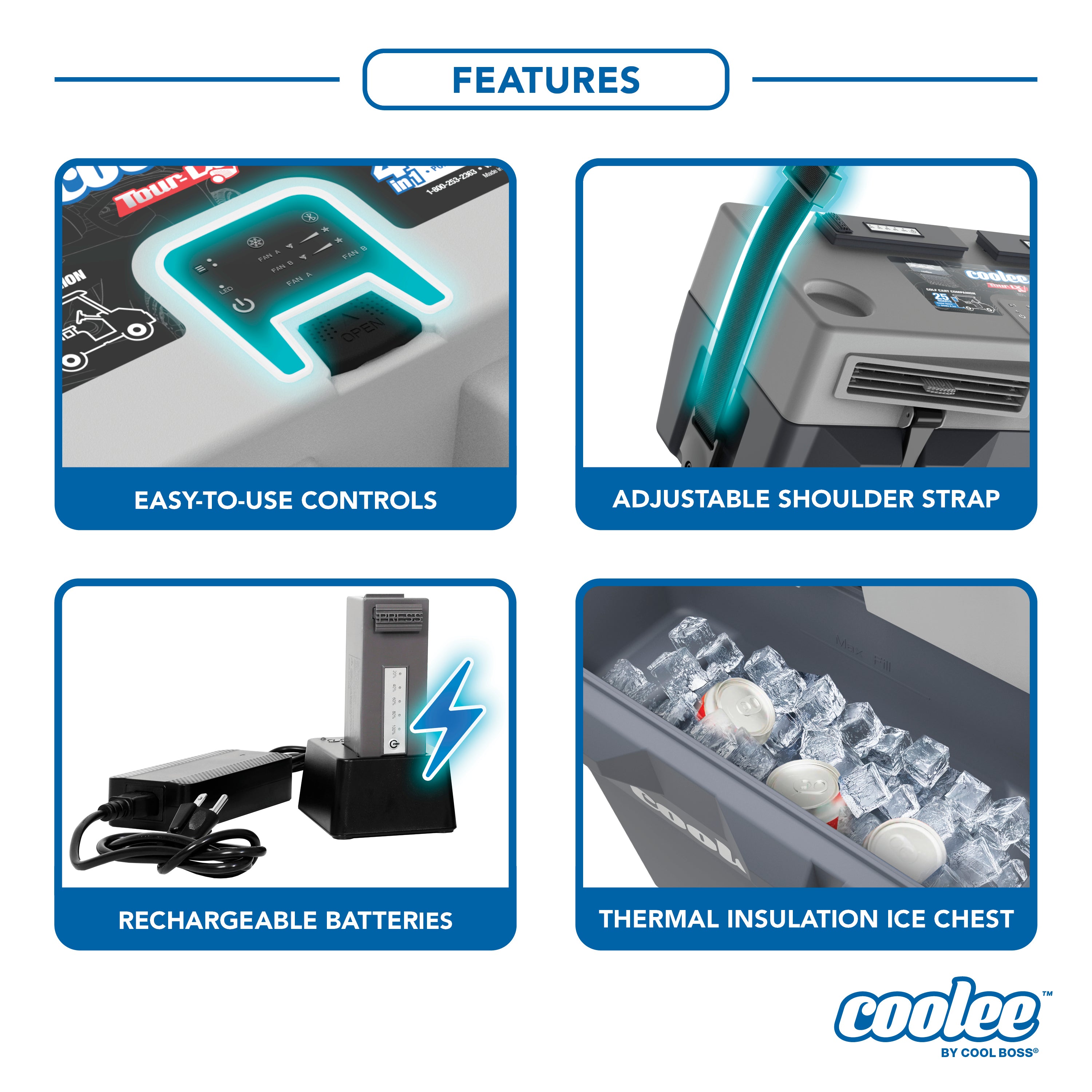 Secondary feature callouts highlighting the design and functions of the Cool Boss COOLEE TOUR LX portable air cooler.