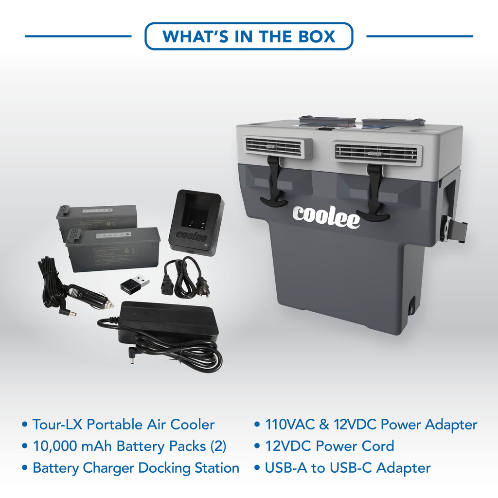 Cool Boss COOLEE TOUR LX portable air cooler and included components arranged outside the packaging box.