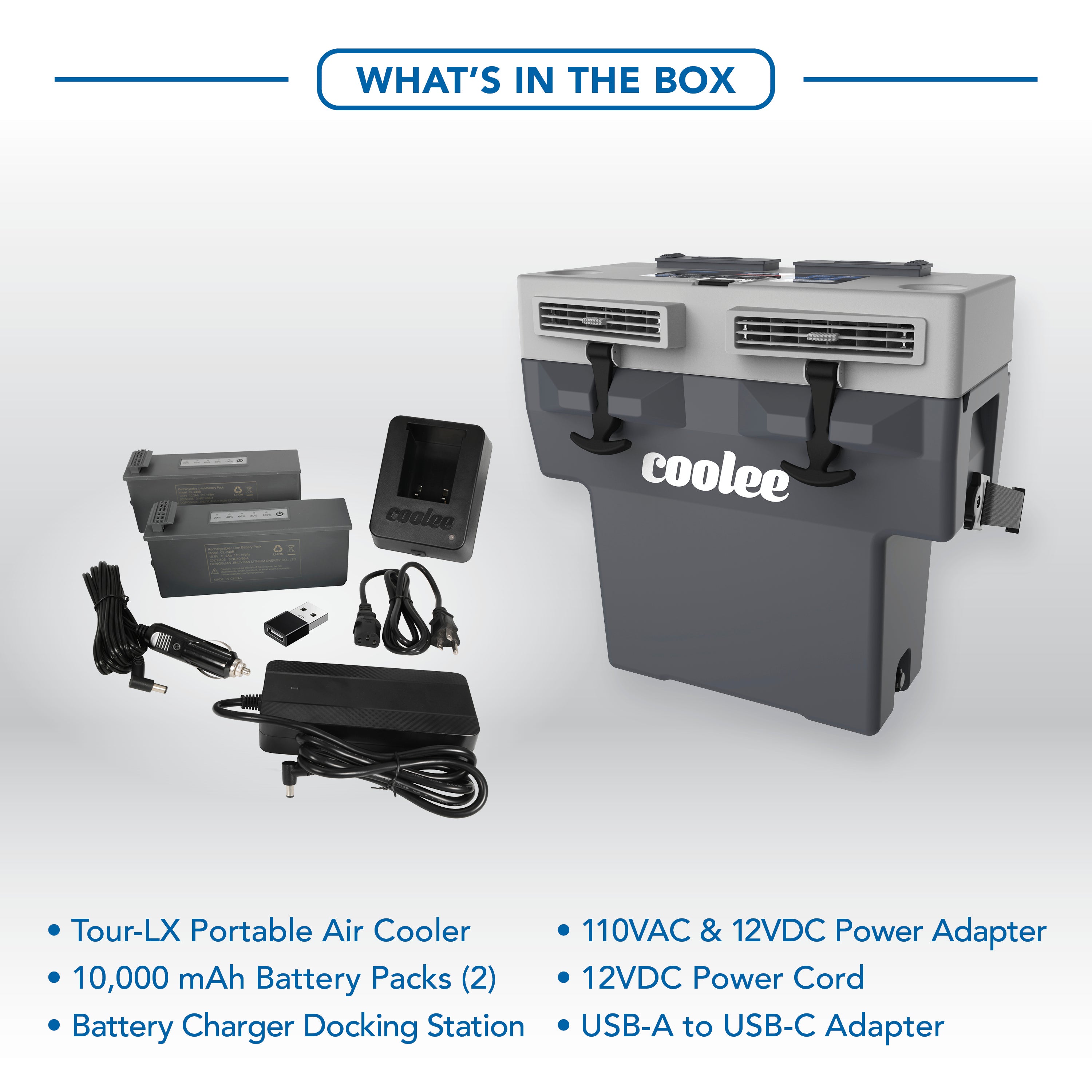 Cool Boss COOLEE TOUR LX portable air cooler and included components arranged outside the packaging box.