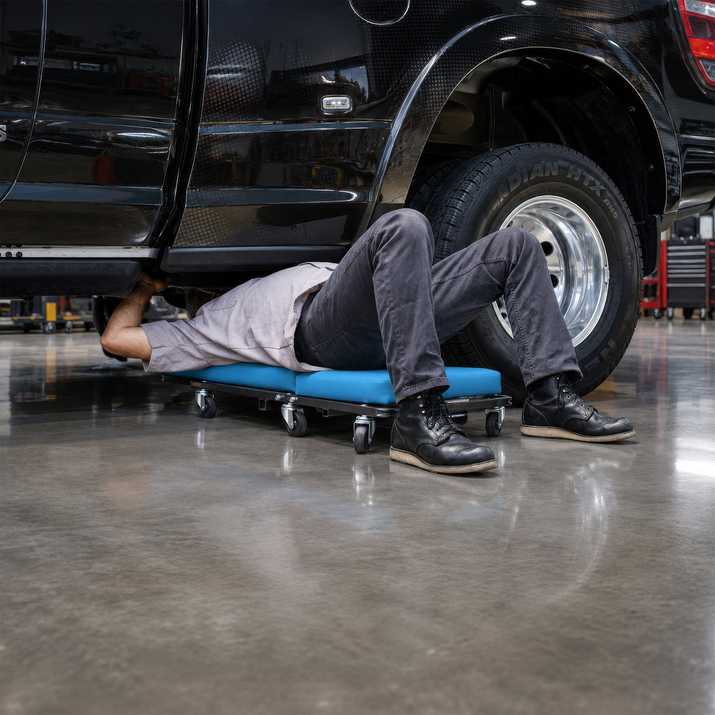 Ergochair Ergo-Glide ergonomic creeper seat designed for comfortable, heavy daily use in automotive shops.