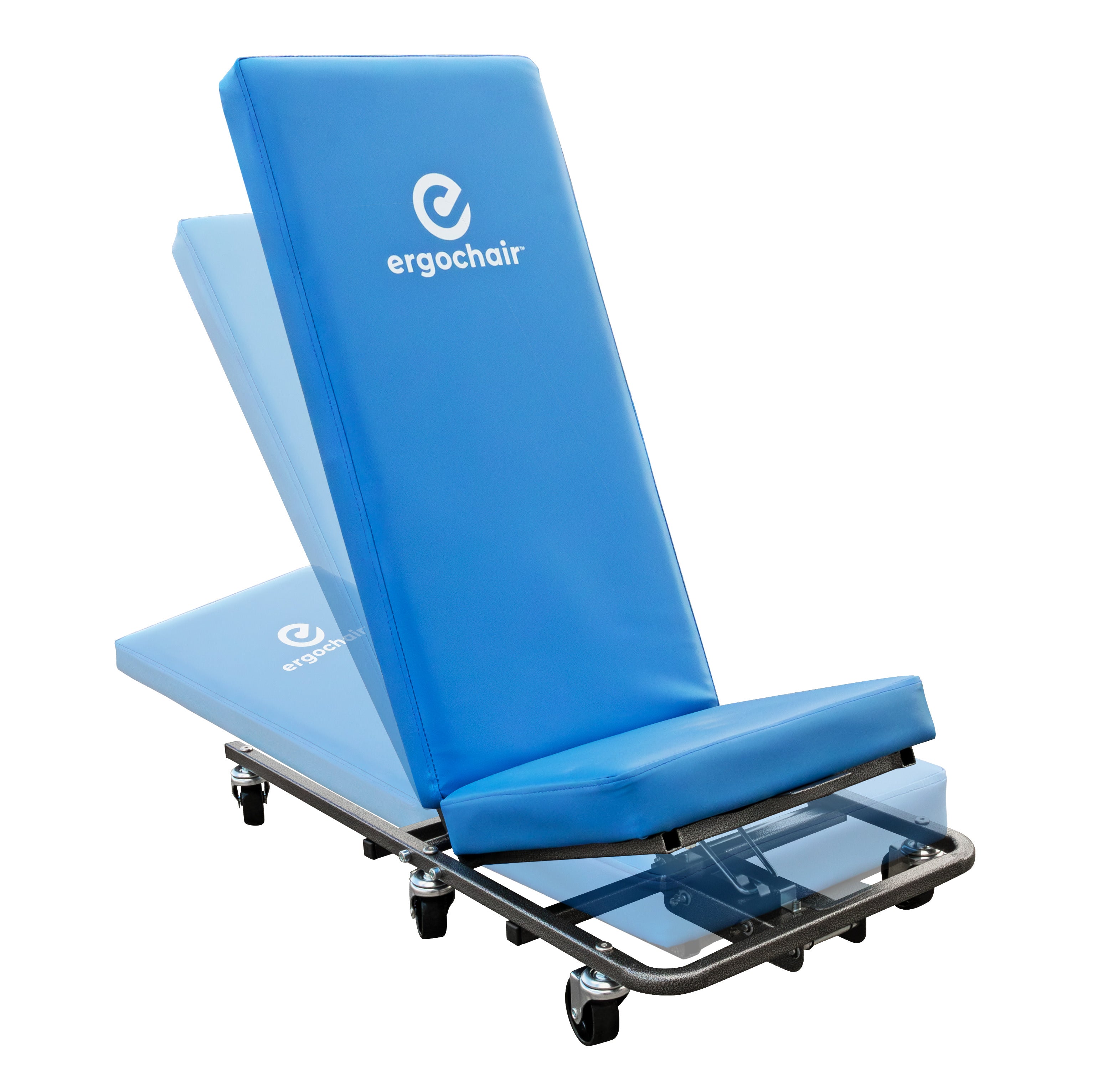 Ergochair Ergo-Glide ergonomic creeper seat demonstrating its height adjustment and range of motion.