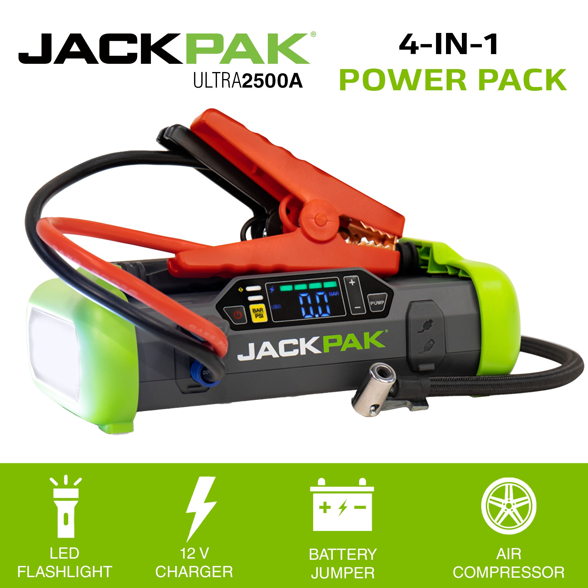 JackPak Ultra2500 portable battery pack designed for vehicle emergencies and shop use