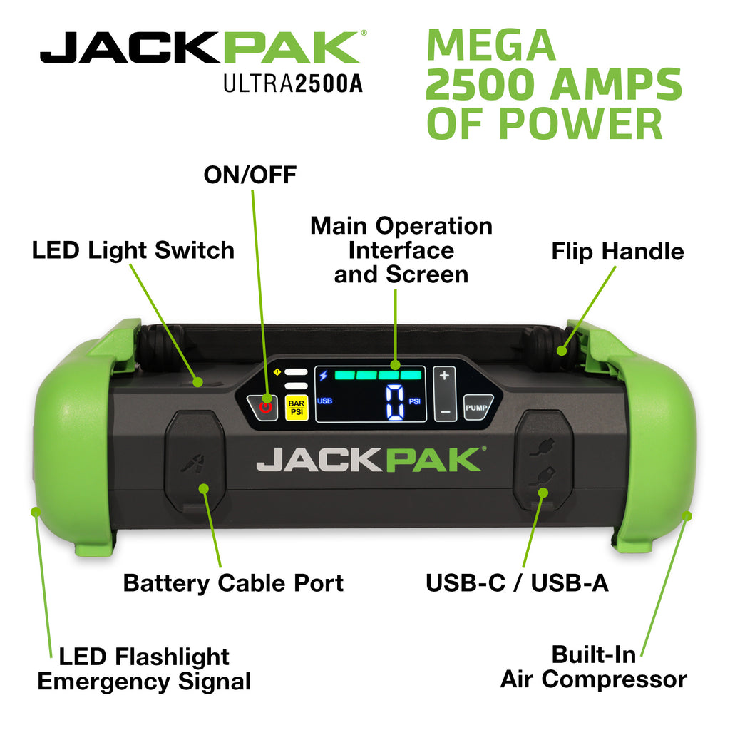 JackPak Ultra2500 portable power pack for jump starting, tire inflation and garage power support