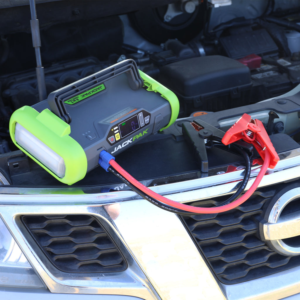 JackPak Ultra2500A charging cables connected under the hood for battery support