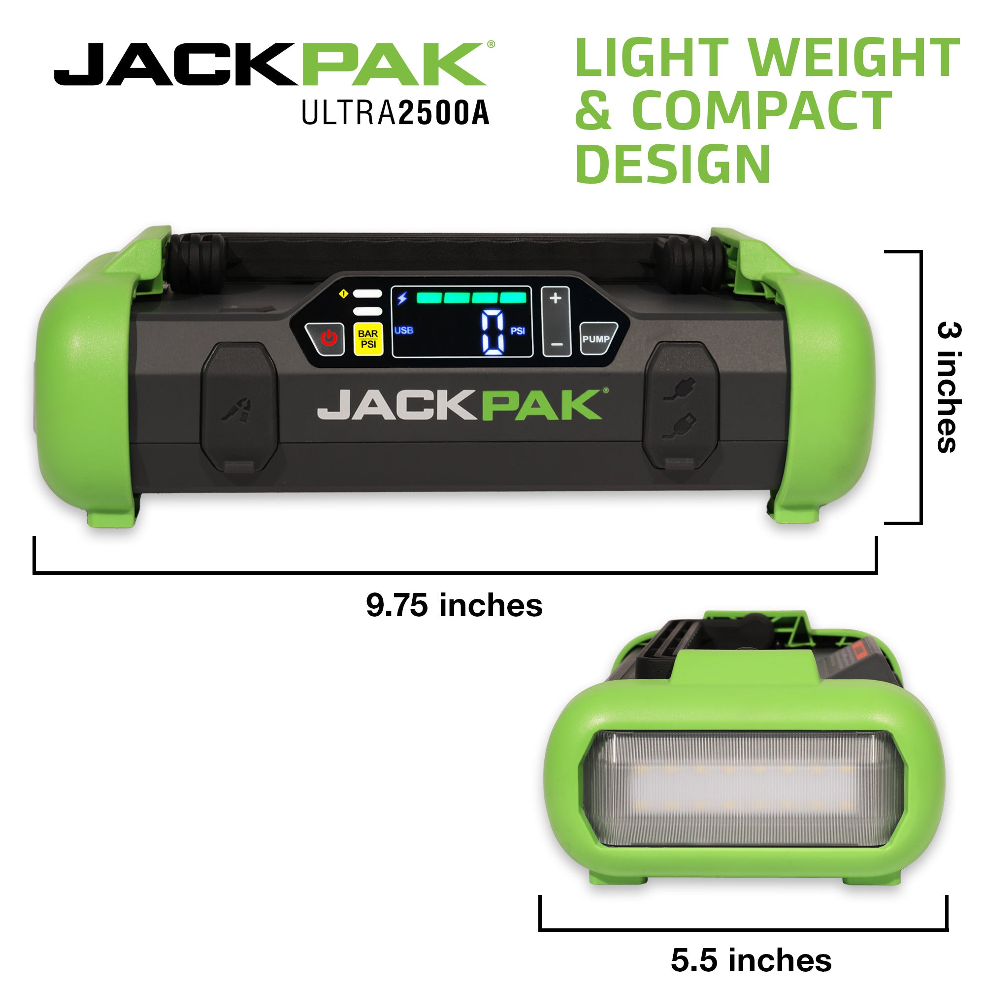 JackPak Ultra2500A portable jump starter dimensions graphic for 4-in-1 power features