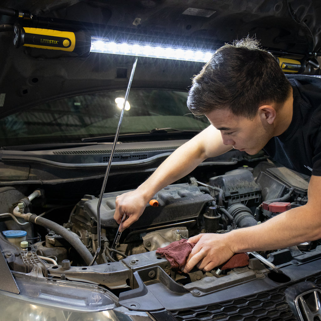 LiteStix work light providing hands-free illumination for automotive repair and inspection