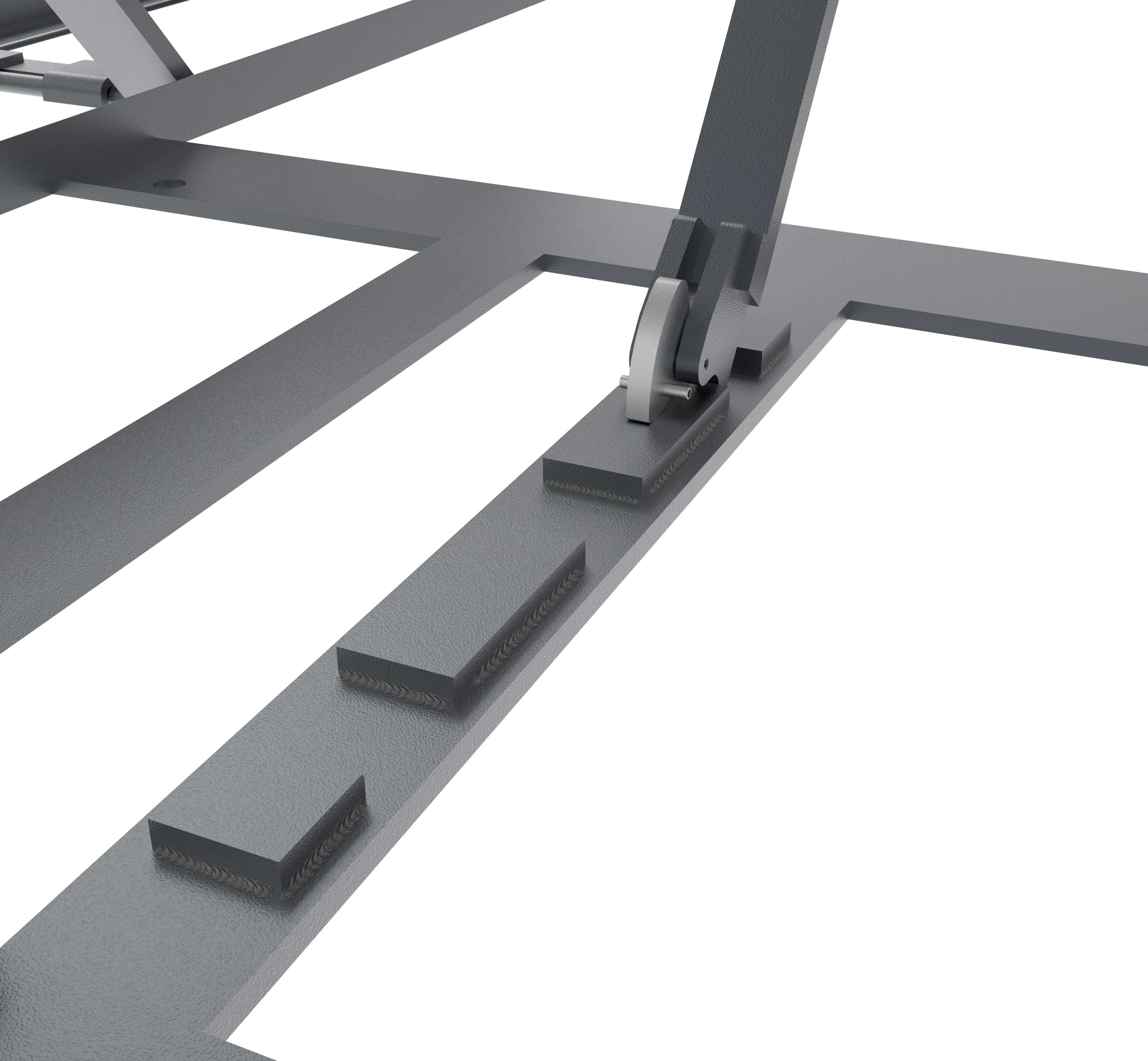 Mechanical safety lock and welded locking blocks on the base frame of a BendPak LR-60P portable scissor lift.