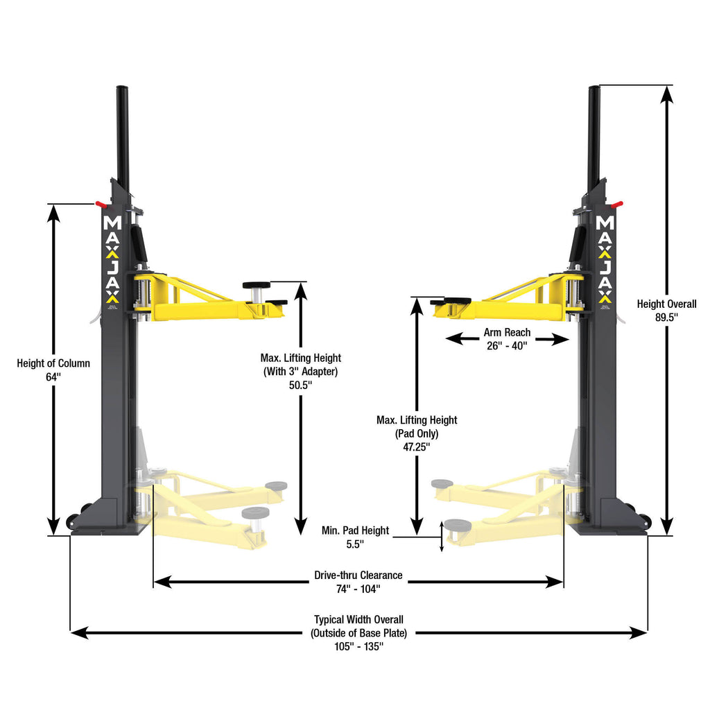 MaxJax M7K 110V portable two-post lift shown in a garage service setup