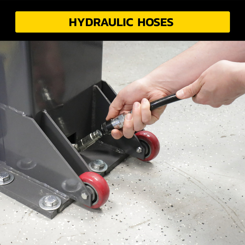 MaxJax M7K 110V hydraulic hose graphic showing portable two-post lift connection setup