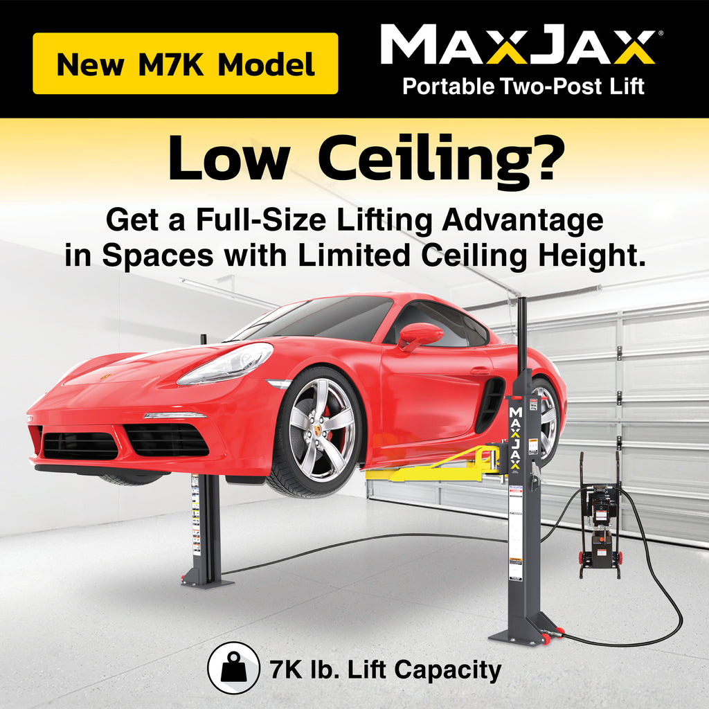 MaxJax M7K 110V ceiling height graphic showing portable lift clearance requirements