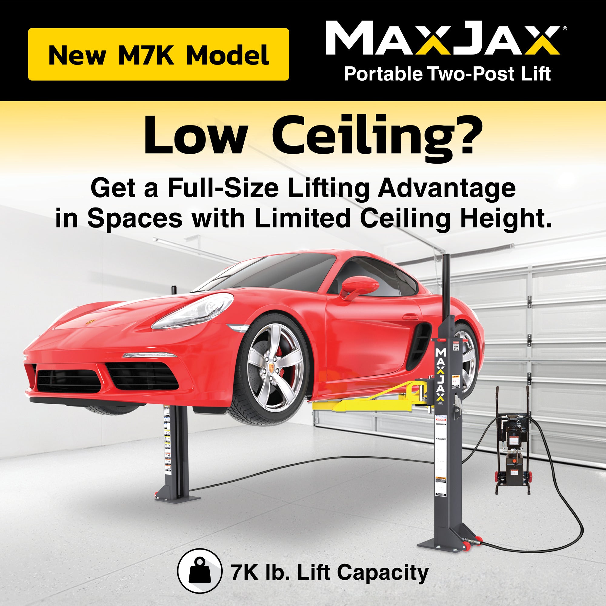 MaxJax M7K 110V ceiling height graphic showing portable lift clearance requirements
