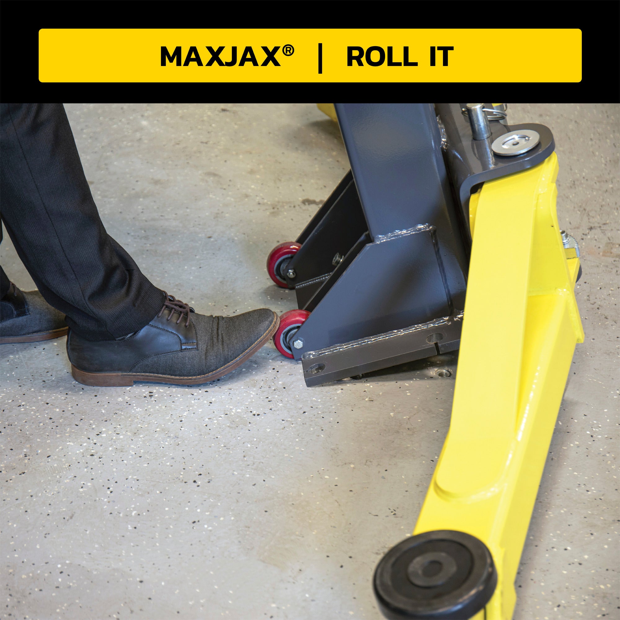 MaxJax M7K 110V portable two-post lift rolling detail graphic showing mobile column movement