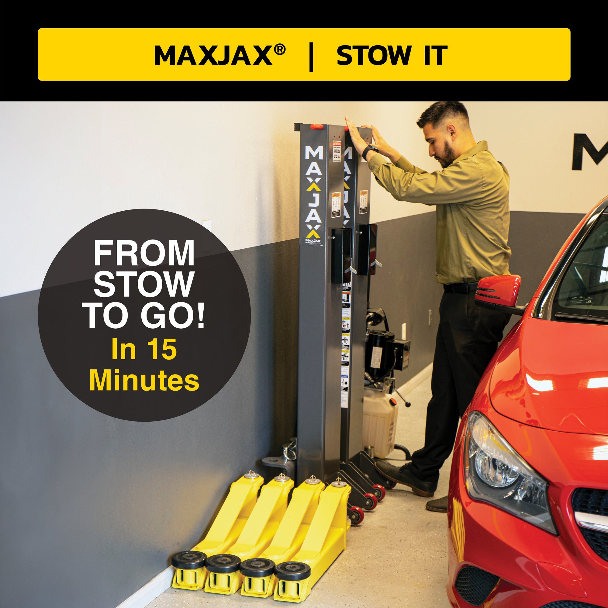 MaxJax M7K 110V portable two-post lift stow-away graphic for space-saving garage storage