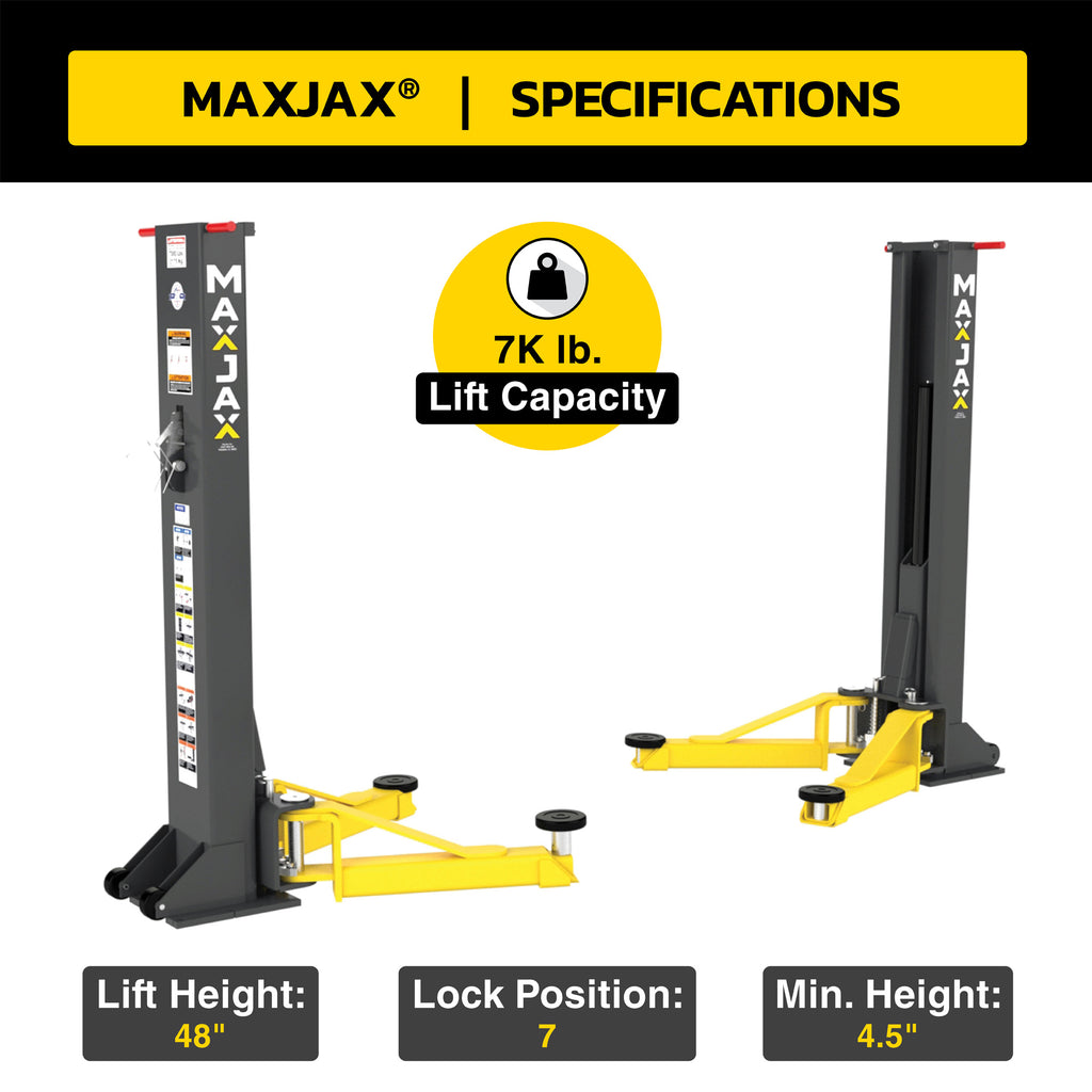 MaxJax M7K 110V portable two-post lift specifications graphic with key dimensions and capacity details