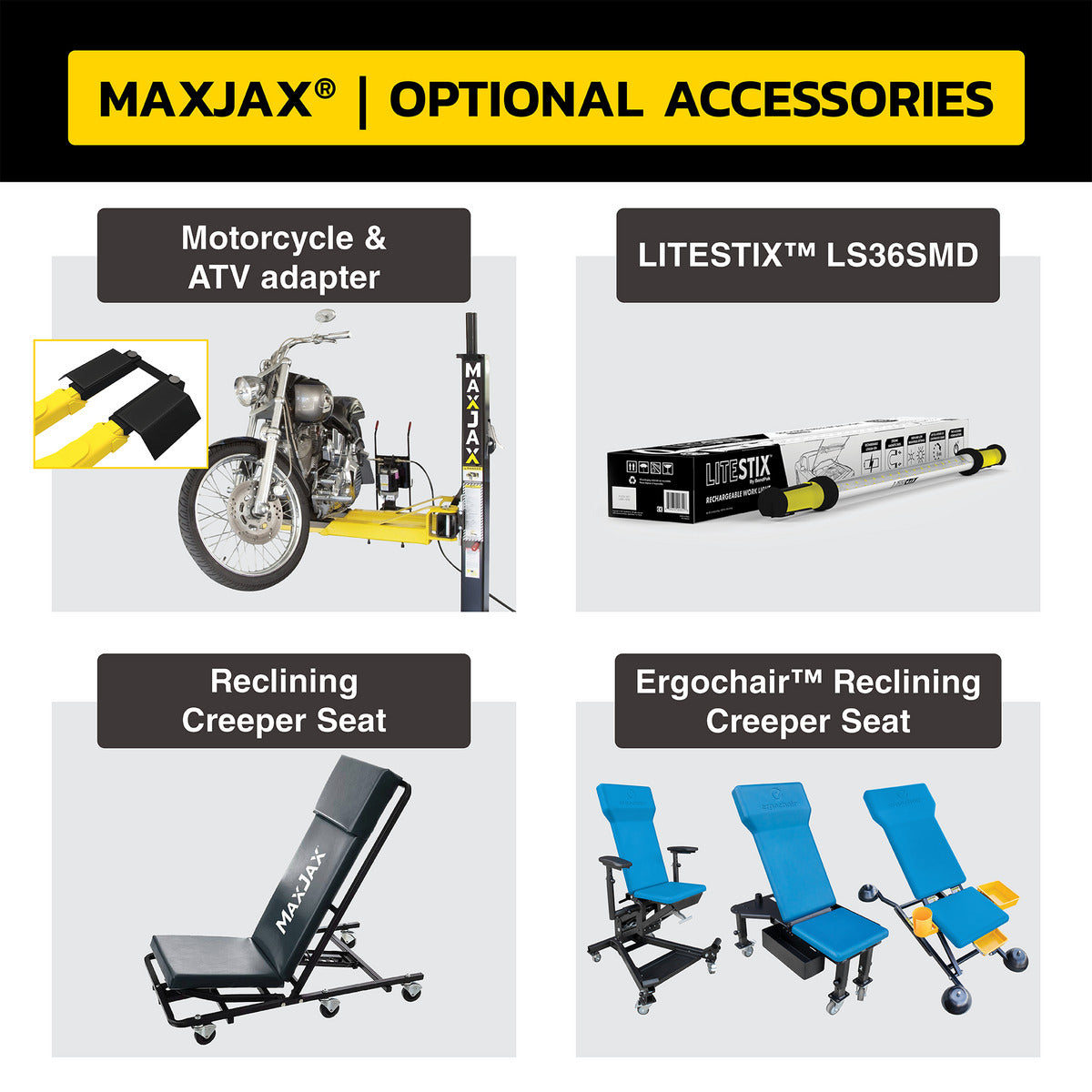 MaxJax M7K Deluxe package optional accessories graphic for portable two-post lift setups.